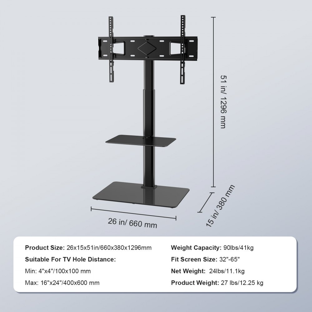 VEVOR TV Stand Mount, Swivel Tall TV Stand for 32 to 65 inch TVs, Height Adjustable Portable Floor TV Stand with Tempered Glass Base for Bedroom, Living Room