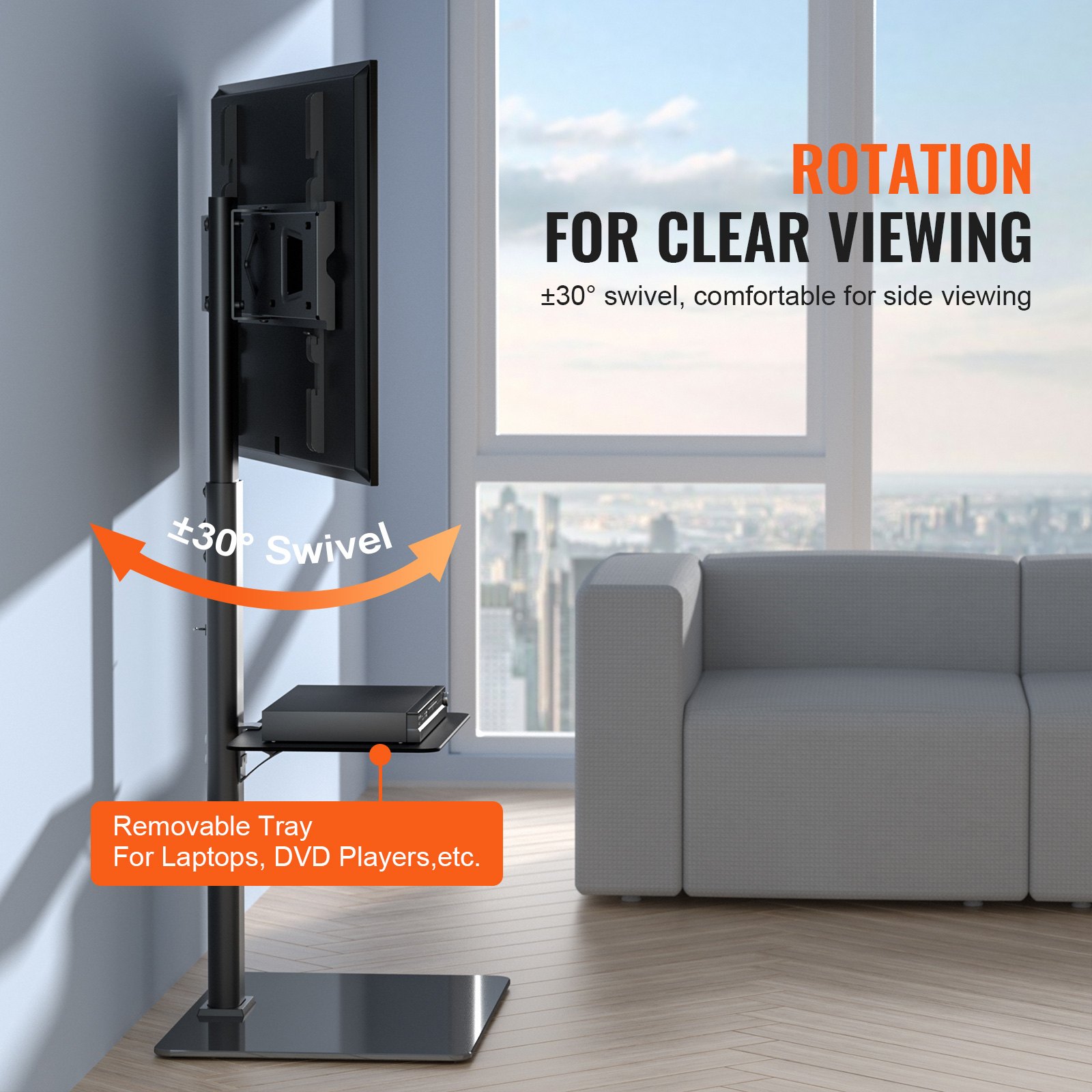 VEVOR TV Stand Mount, Swivel Tall TV Stand for 32 to 65 inch TVs, Height Adjustable Portable Floor TV Stand with Tempered Glass Base for Bedroom, Living Room