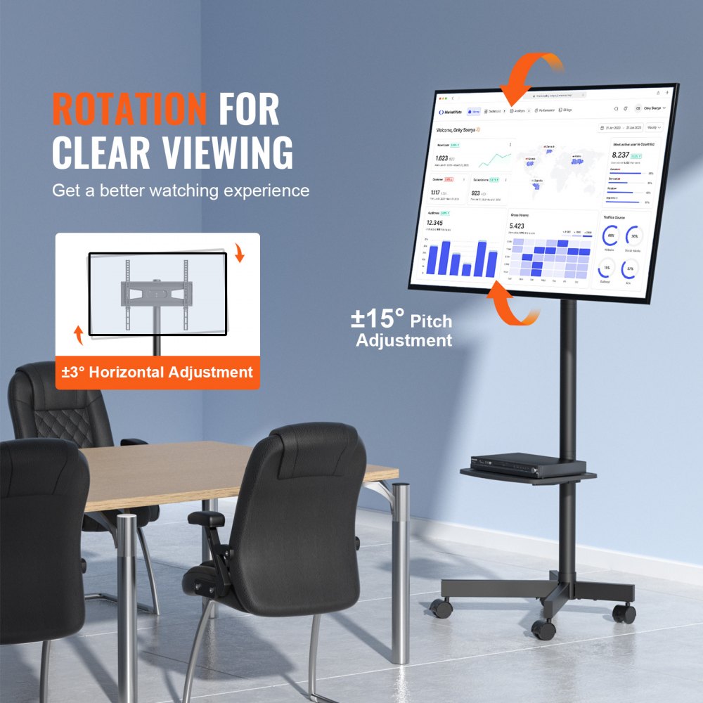 VEVOR mobile tv stand with rotation and pitch adjustment for a better viewing experience in a meeting room.