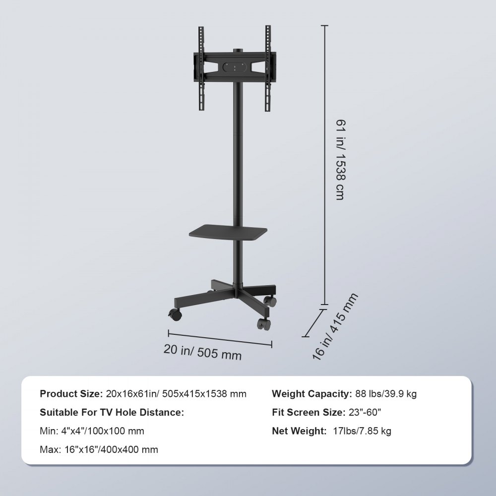 VEVOR mobile tv stand with adjustable height, 4 wheels, and a shelf, suitable for 23&quot;-60&quot; screens.