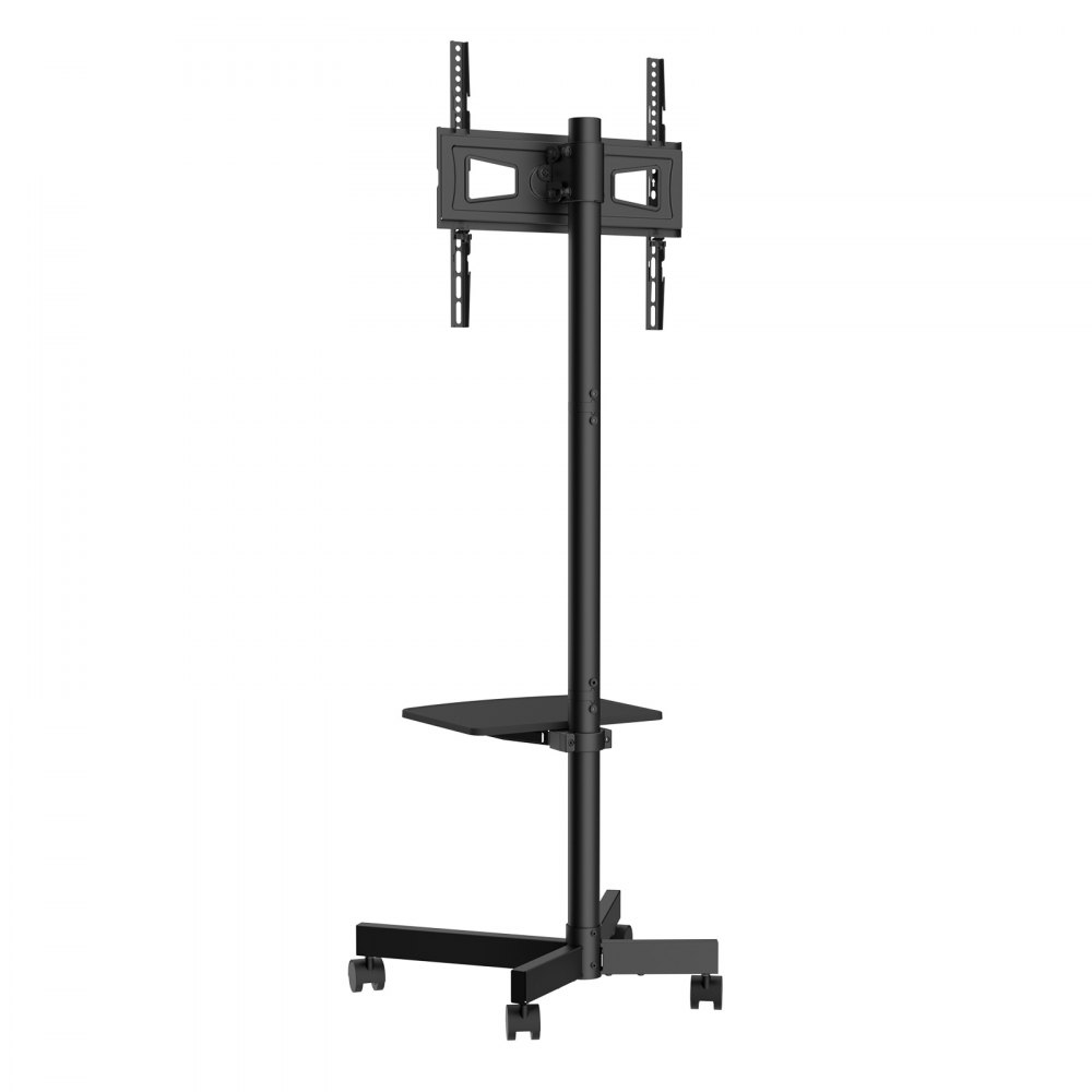 black adjustable VEVOR mobile tv stand with shelf and wheels, suitable for flat-screen displays.