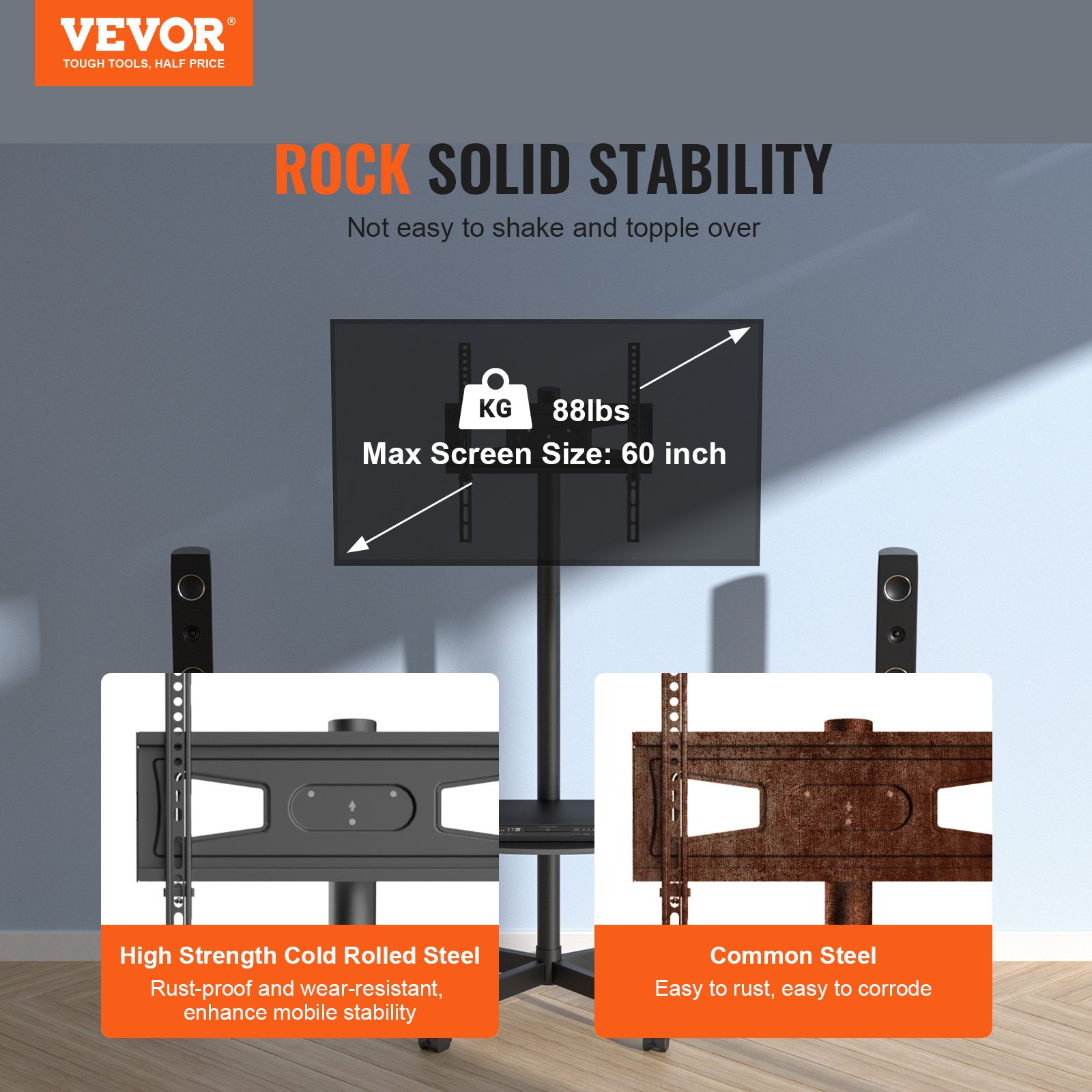 VEVOR mobile tv stand with high strength steel supports up to 88lbs and 60-inch screens, ensuring stability.