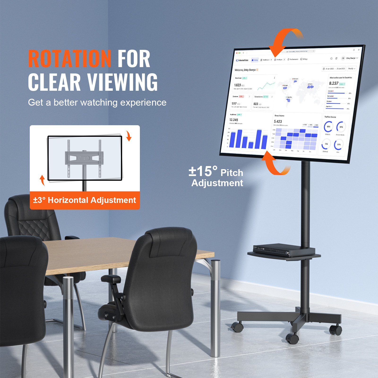VEVOR mobile tv stand with rotation and pitch adjustment for a better viewing experience in a meeting room.
