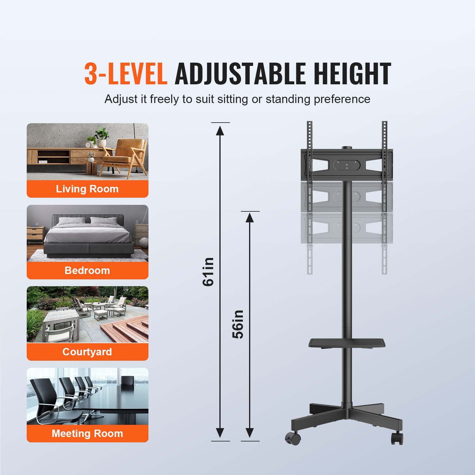 VEVOR mobile tv stand with 3-level adjustable height, suitable for living room, bedroom, courtyard, and meeting room.