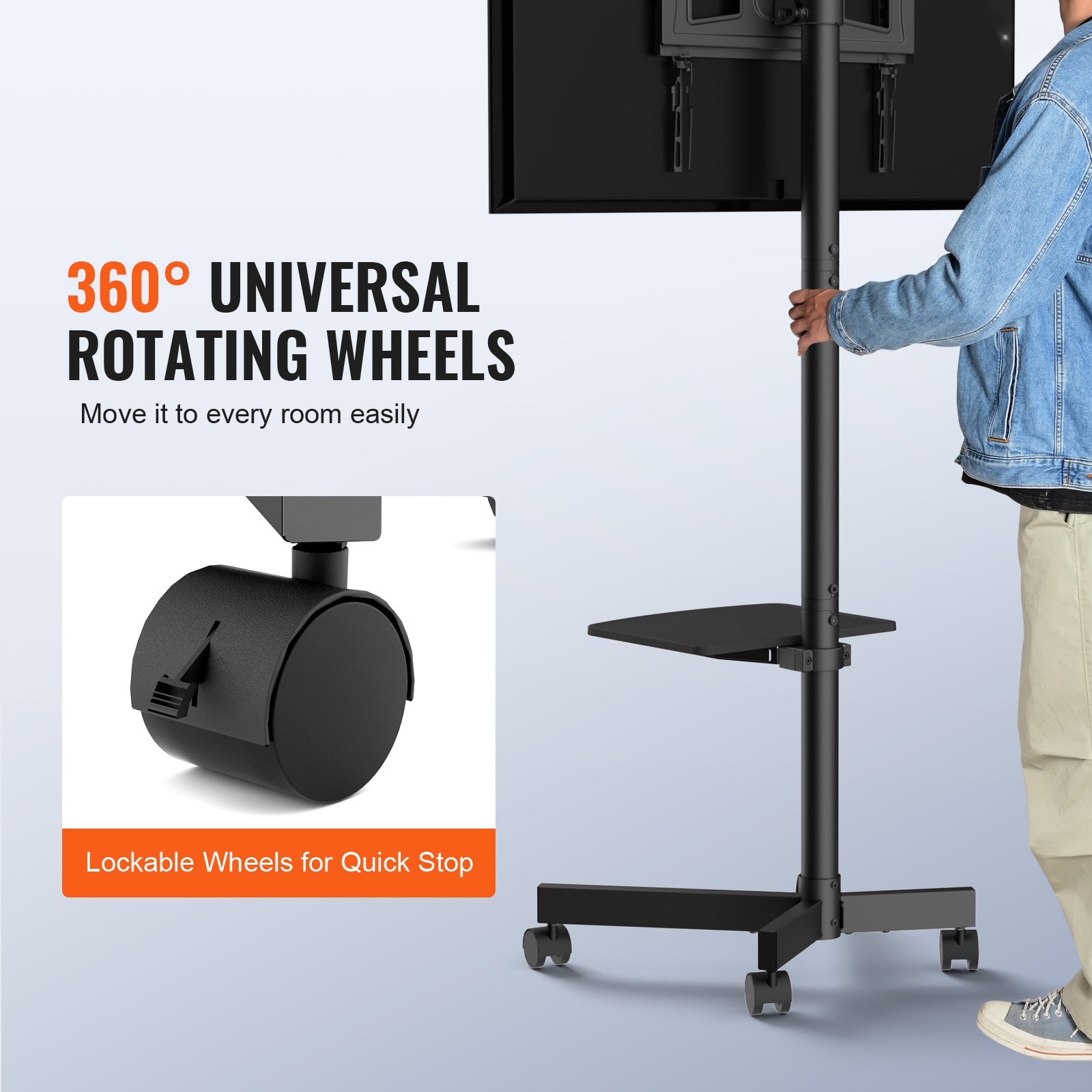 VEVOR mobile tv stand with 360° rotating wheels for easy movement and lockable wheels for quick stop.