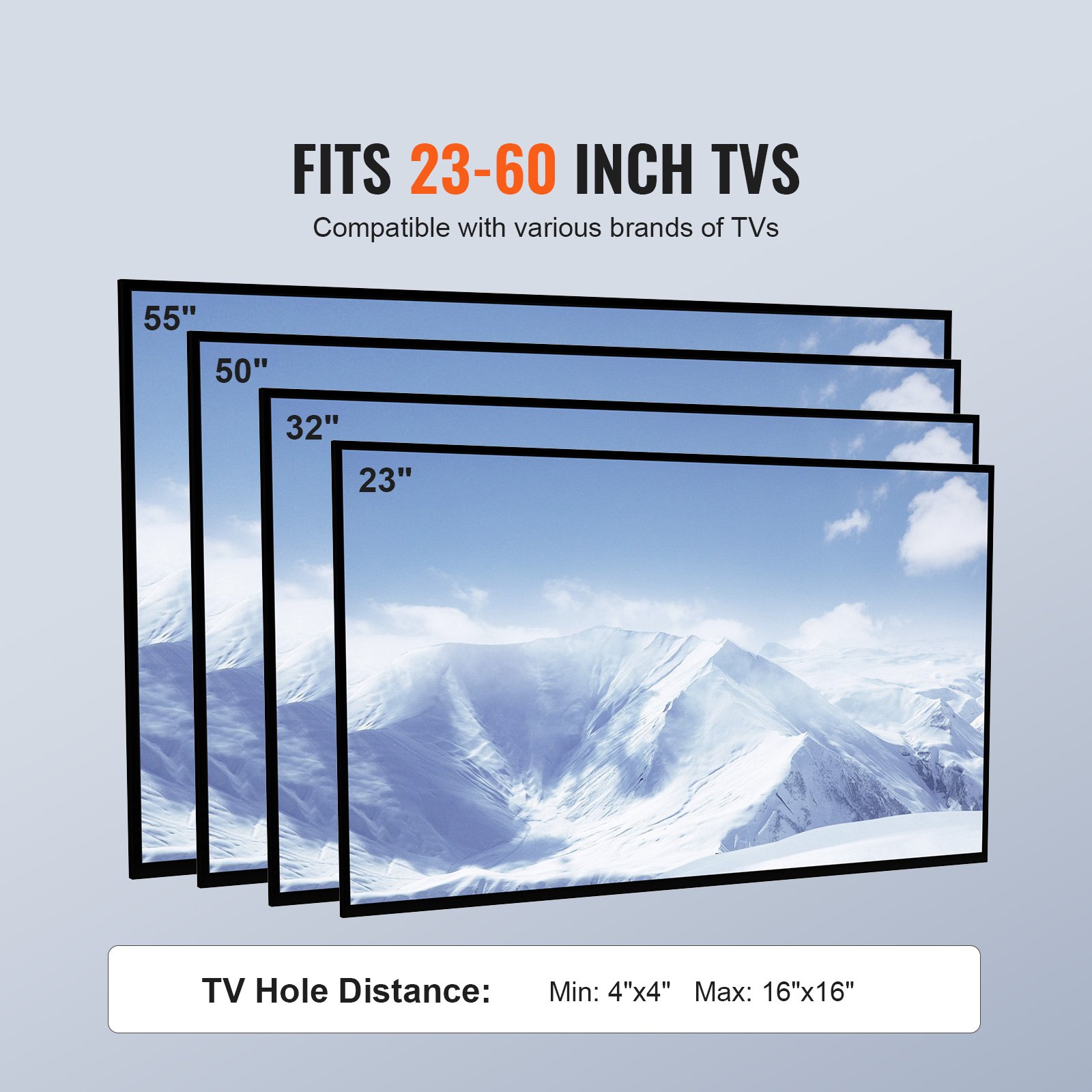 fits 23-60 inch tvs, compatible with various brands of tvs. tv hole distance: min 4&quot;x4&quot;, max 16&quot;x16&quot;.