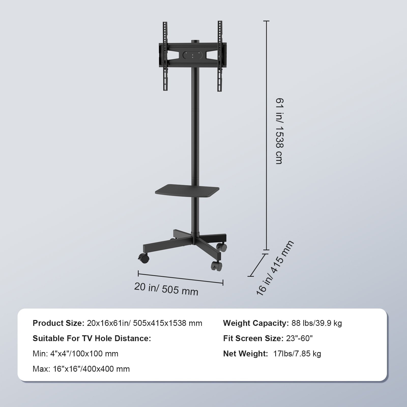 VEVOR mobile tv stand with adjustable height, 4 wheels, and a shelf, suitable for 23&quot;-60&quot; screens.