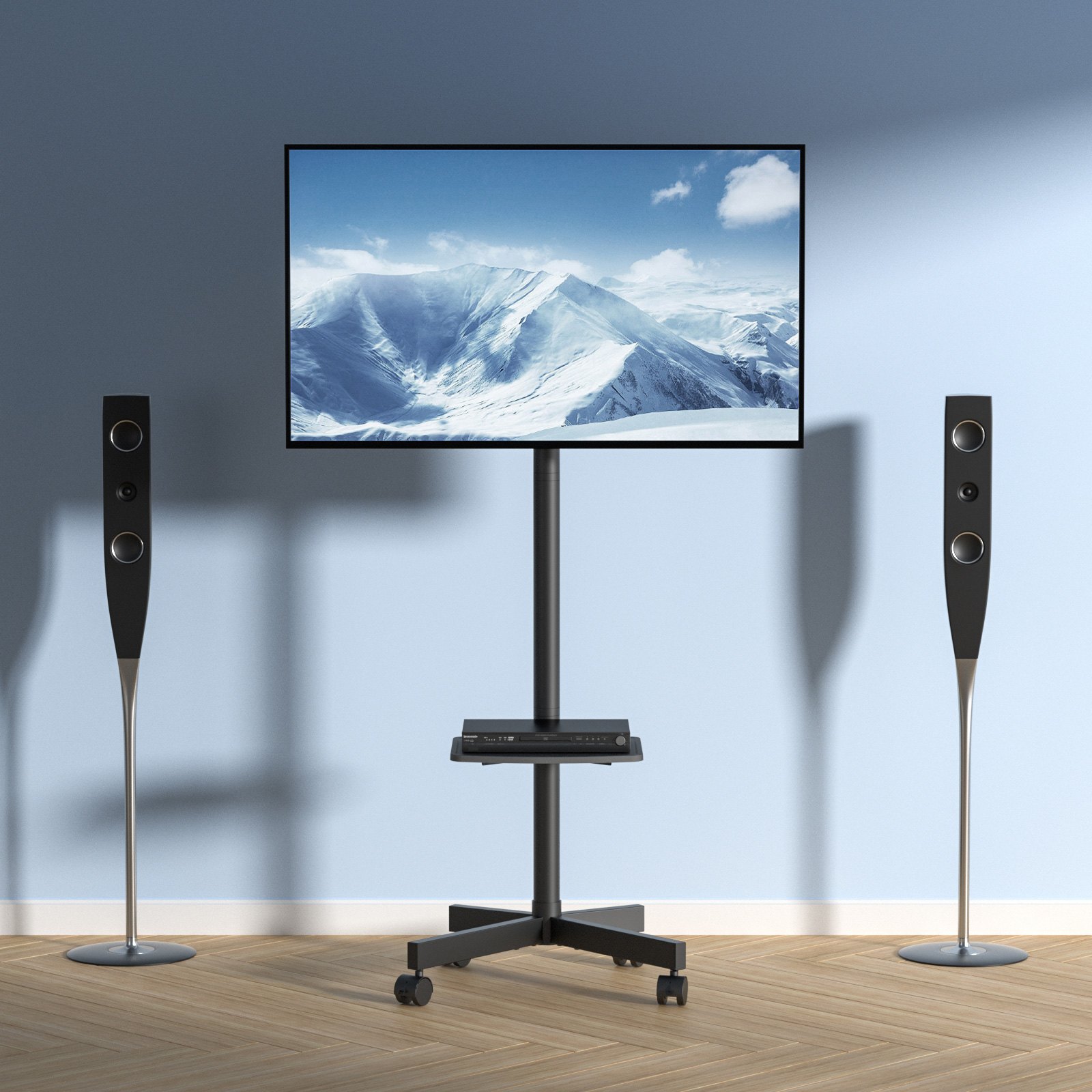 VEVOR mobile tv stand with flat-screen tv, flanked by two tall speakers in a modern room setup.