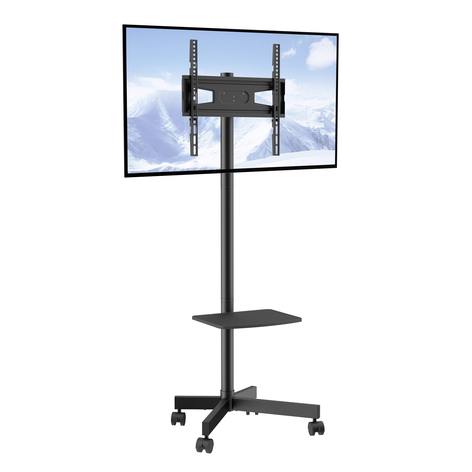 VEVOR mobile tv stand with a flat-screen display, adjustable mount, and wheeled base for easy mobility.