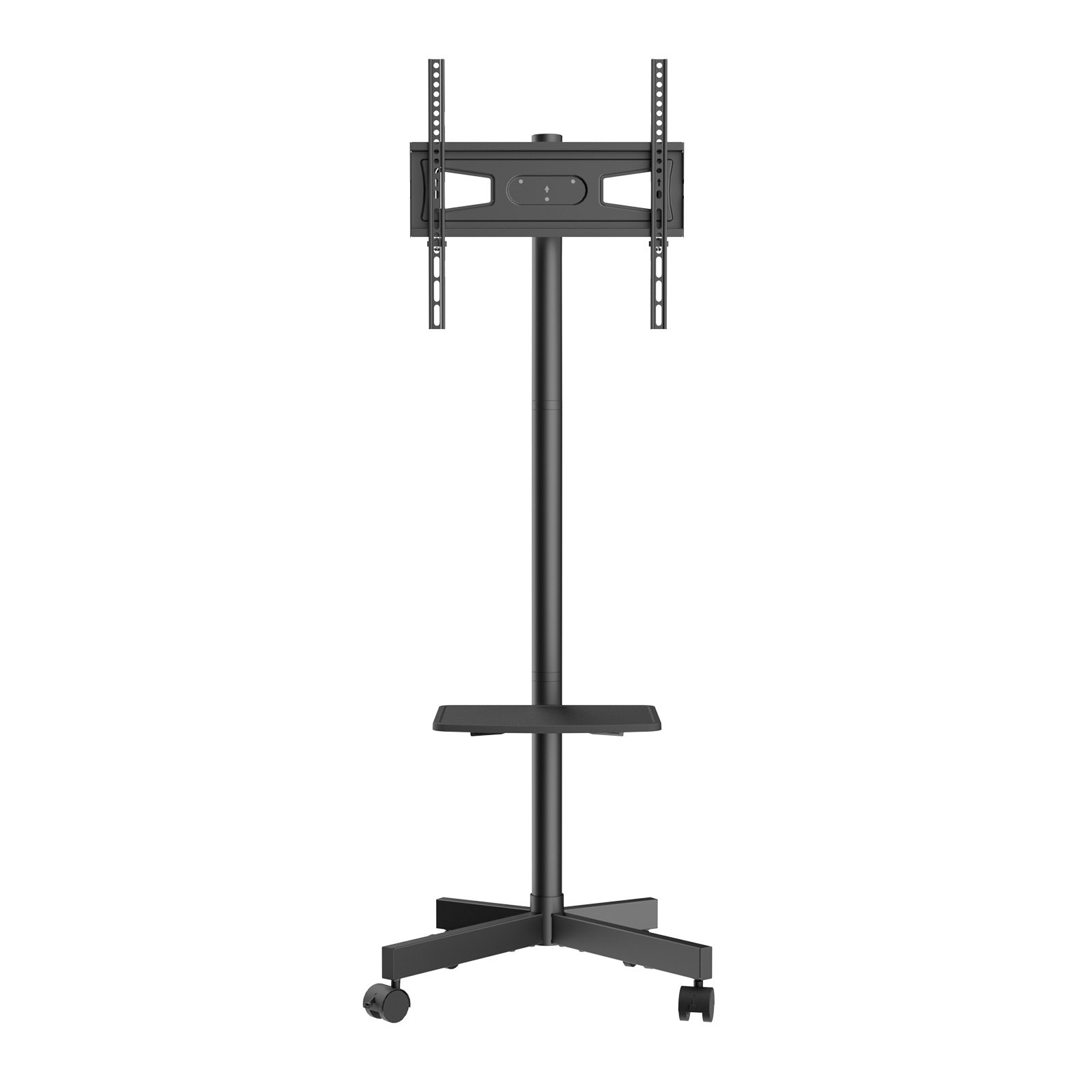 VEVOR mobile tv stand, adjustable height, base with wheels, and shelf, black.
