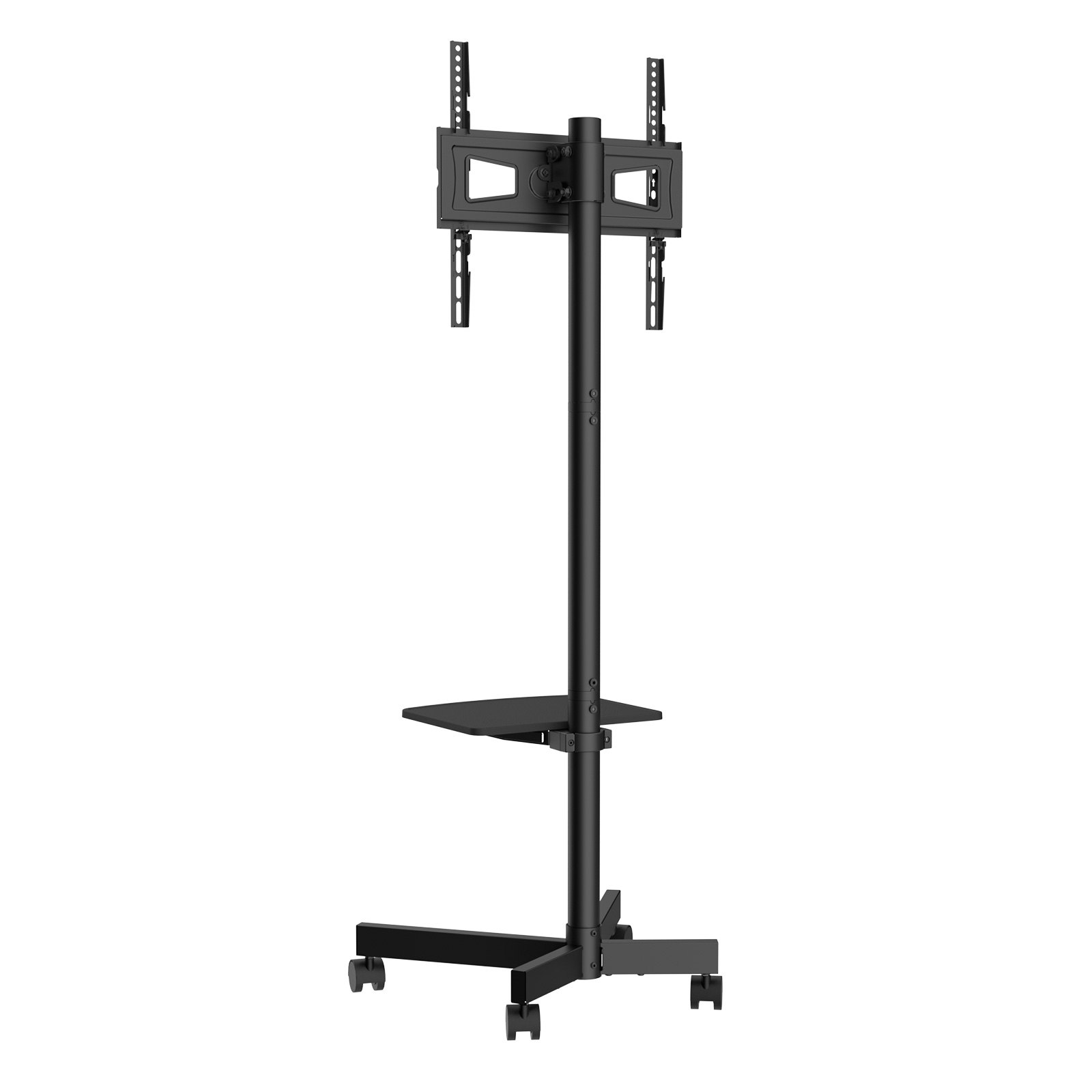 black adjustable VEVOR mobile tv stand with shelf and wheels, suitable for flat-screen displays.