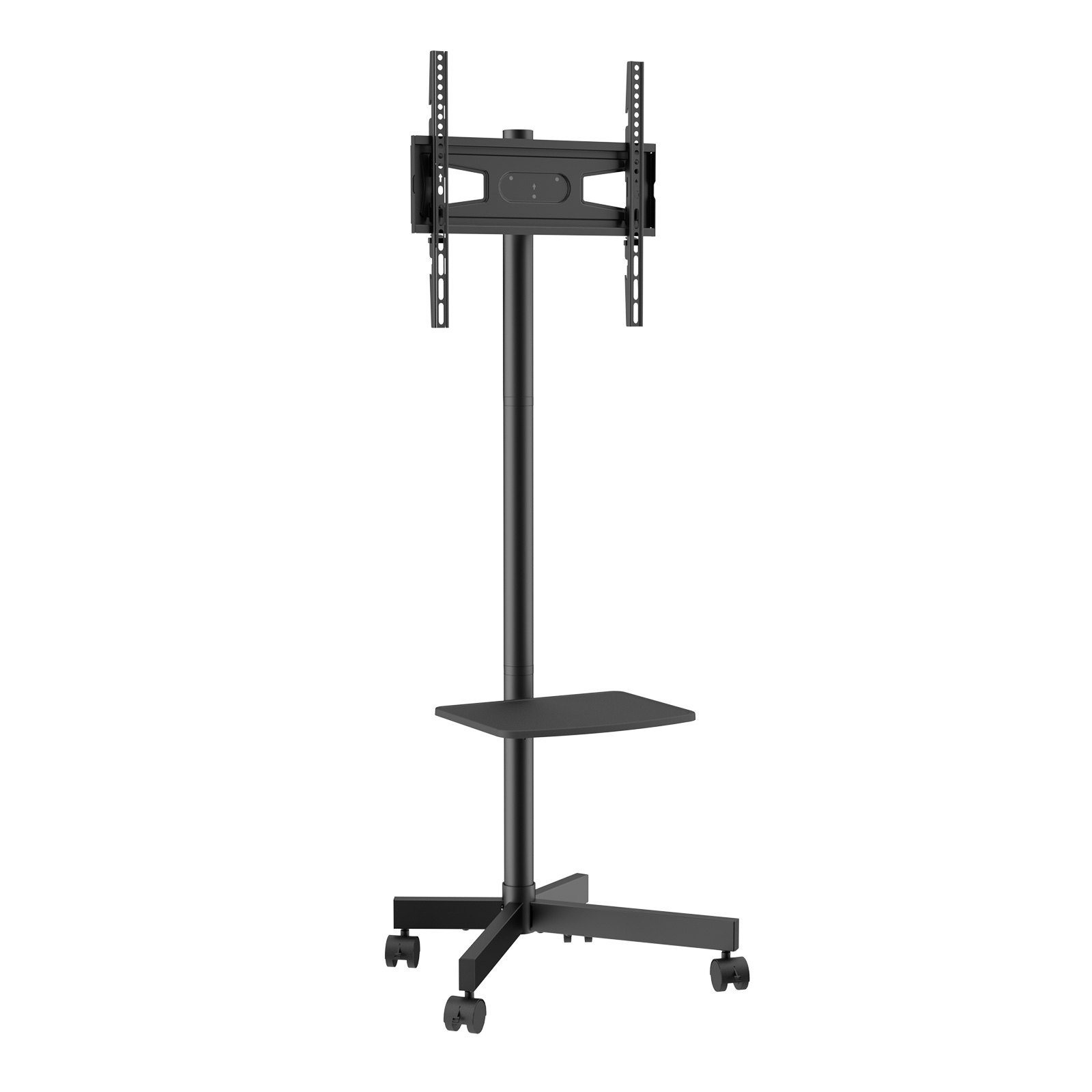 VEVOR mobile tv stand with wheels, adjustable mount, and shelf in black.