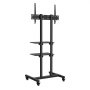 black VEVOR mobile tv stand with dual shelves and sturdy frame on wheels.