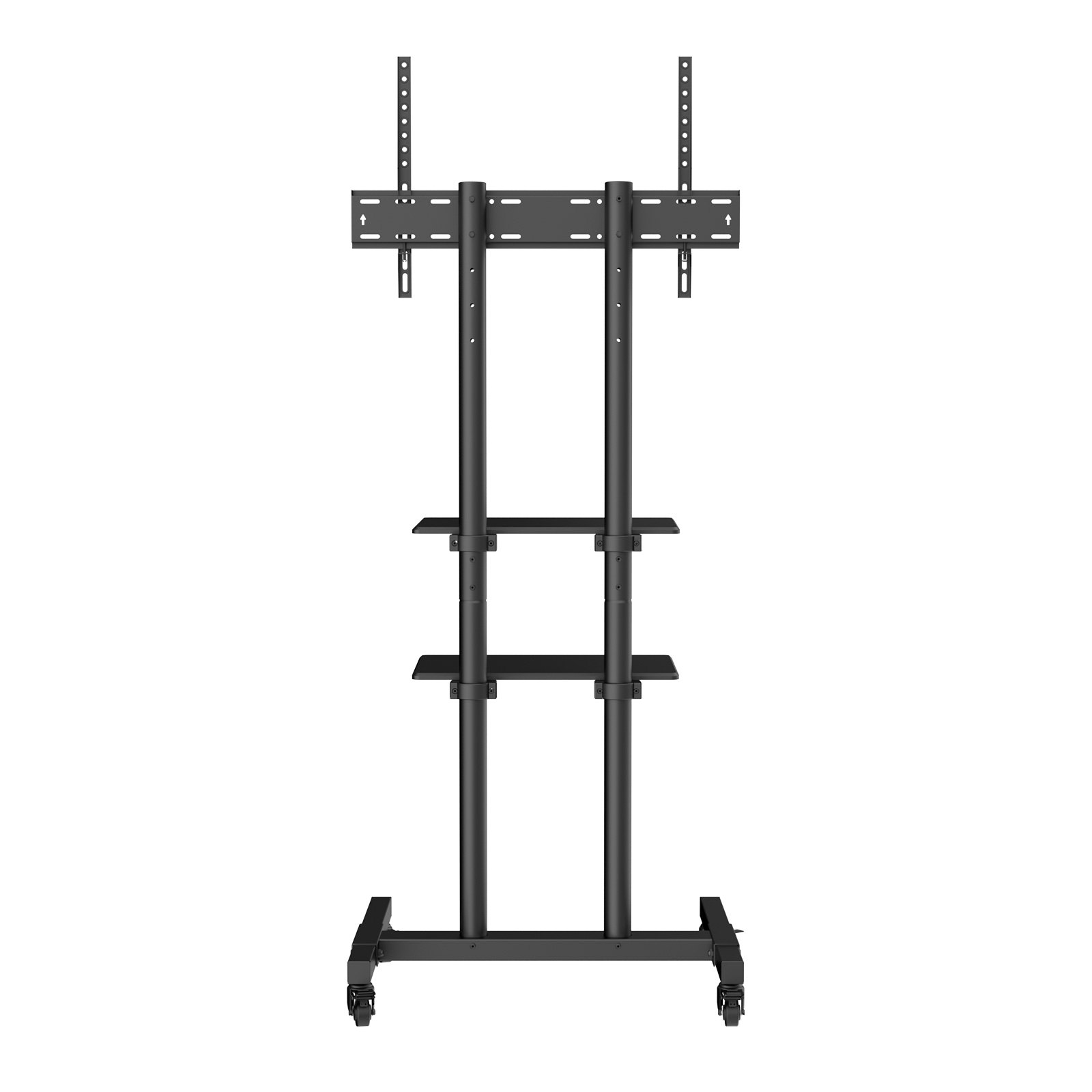 black VEVOR mobile tv stand with adjustable shelves and caster wheels for easy mobility.