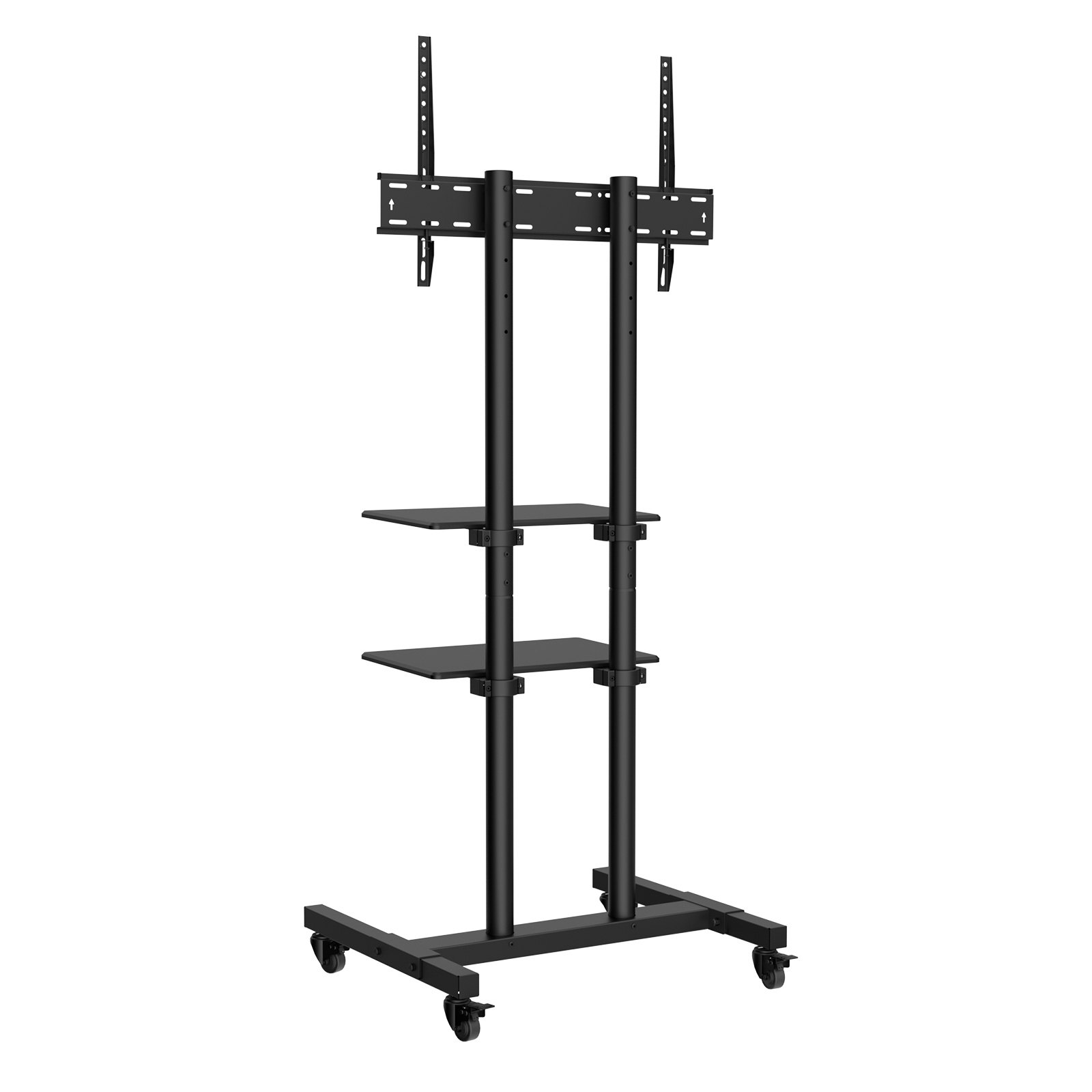 black VEVOR mobile tv stand with dual shelves and sturdy frame on wheels.