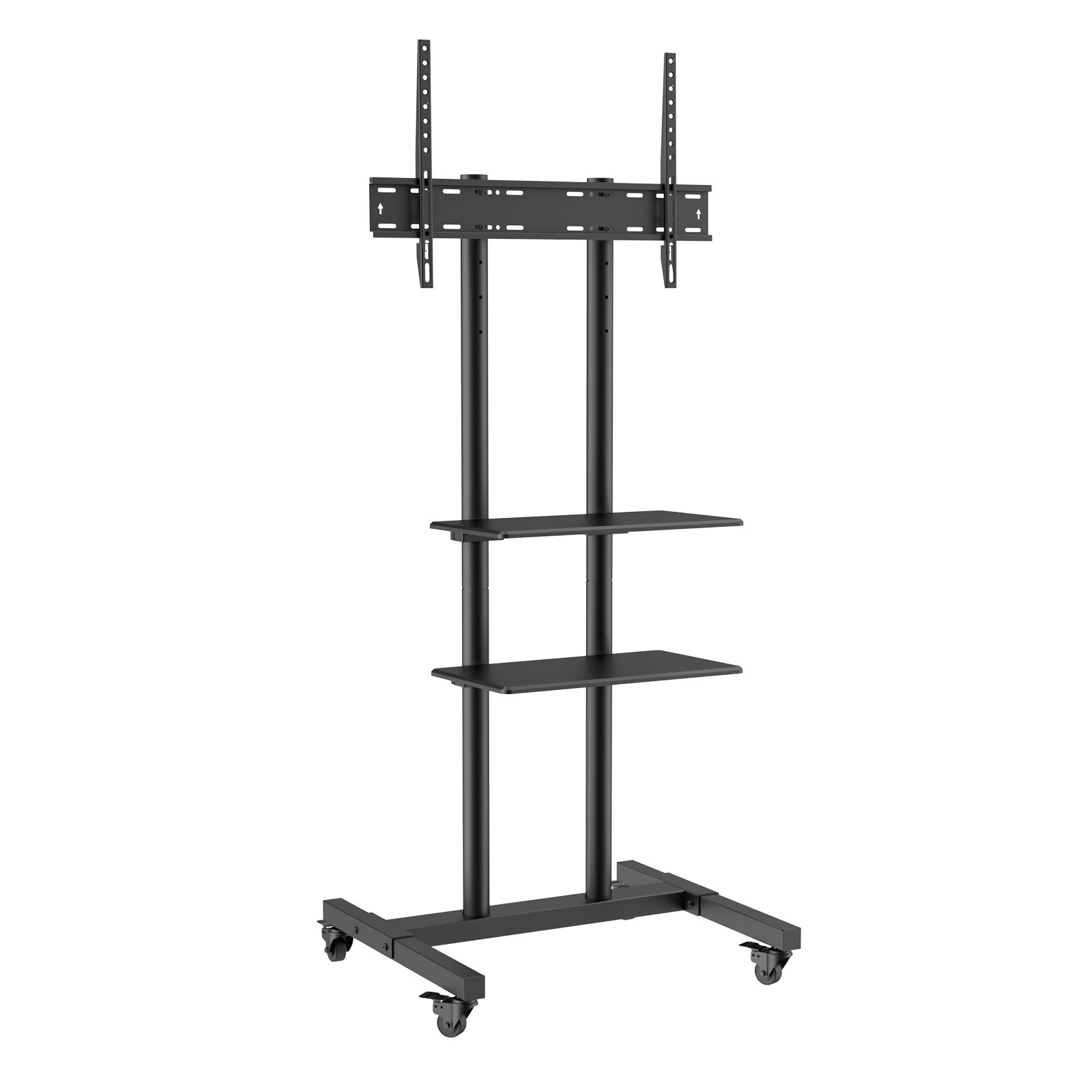 black VEVOR mobile tv stand with two shelves and sturdy metal frame on wheels.