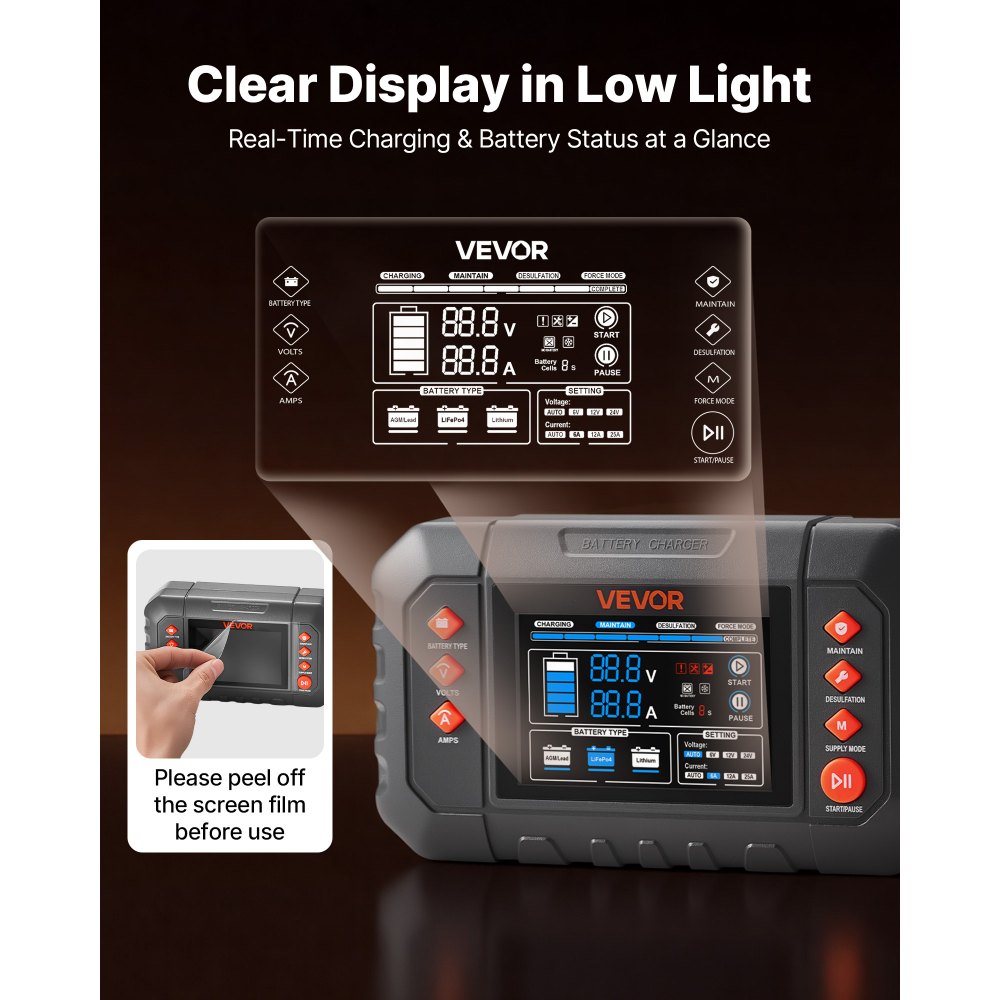 VEVOR Smart Battery Charger, 25A, 6V 12V 24V Ternary Lithium LiFePO4 Lead-Acid (Gel/AGM) Battery Charger, with 3.4-Inch LCD Display, Trickle Charging Maintainer Desulfator, for Car, Boat, Motorcycle