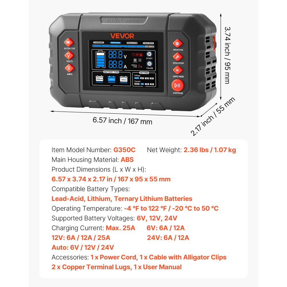 VEVOR Smart Battery Charger, 25A, 6V 12V 24V Ternary Lithium LiFePO4 Lead-Acid (Gel/AGM) Battery Charger, with 3.4-Inch LCD Display, Trickle Charging Maintainer Desulfator, for Car, Boat, Motorcycle
