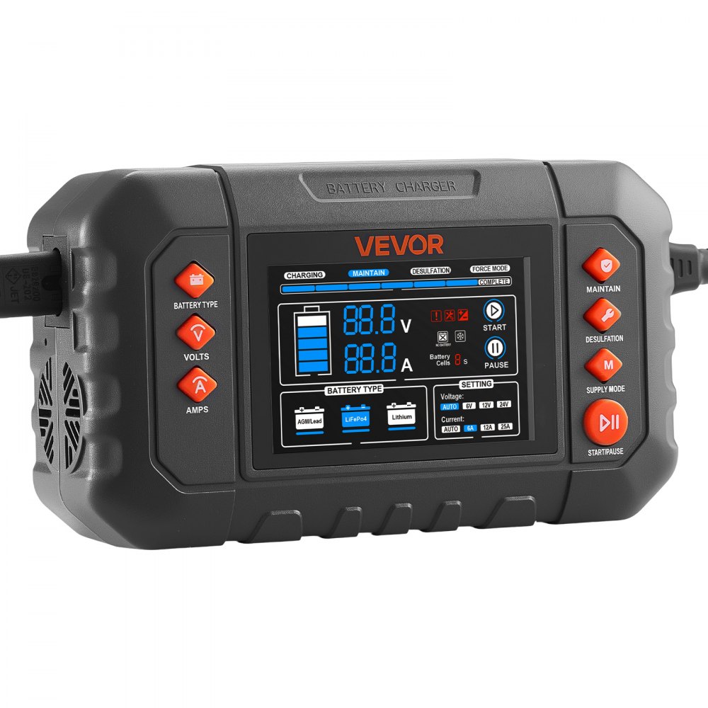 VEVOR Smart Battery Charger, 25A, 6V 12V 24V Ternary Lithium LiFePO4 Lead-Acid (Gel/AGM) Battery Charger, with 3.4-Inch LCD Display, Trickle Charging Maintainer Desulfator, for Car, Boat, Motorcycle