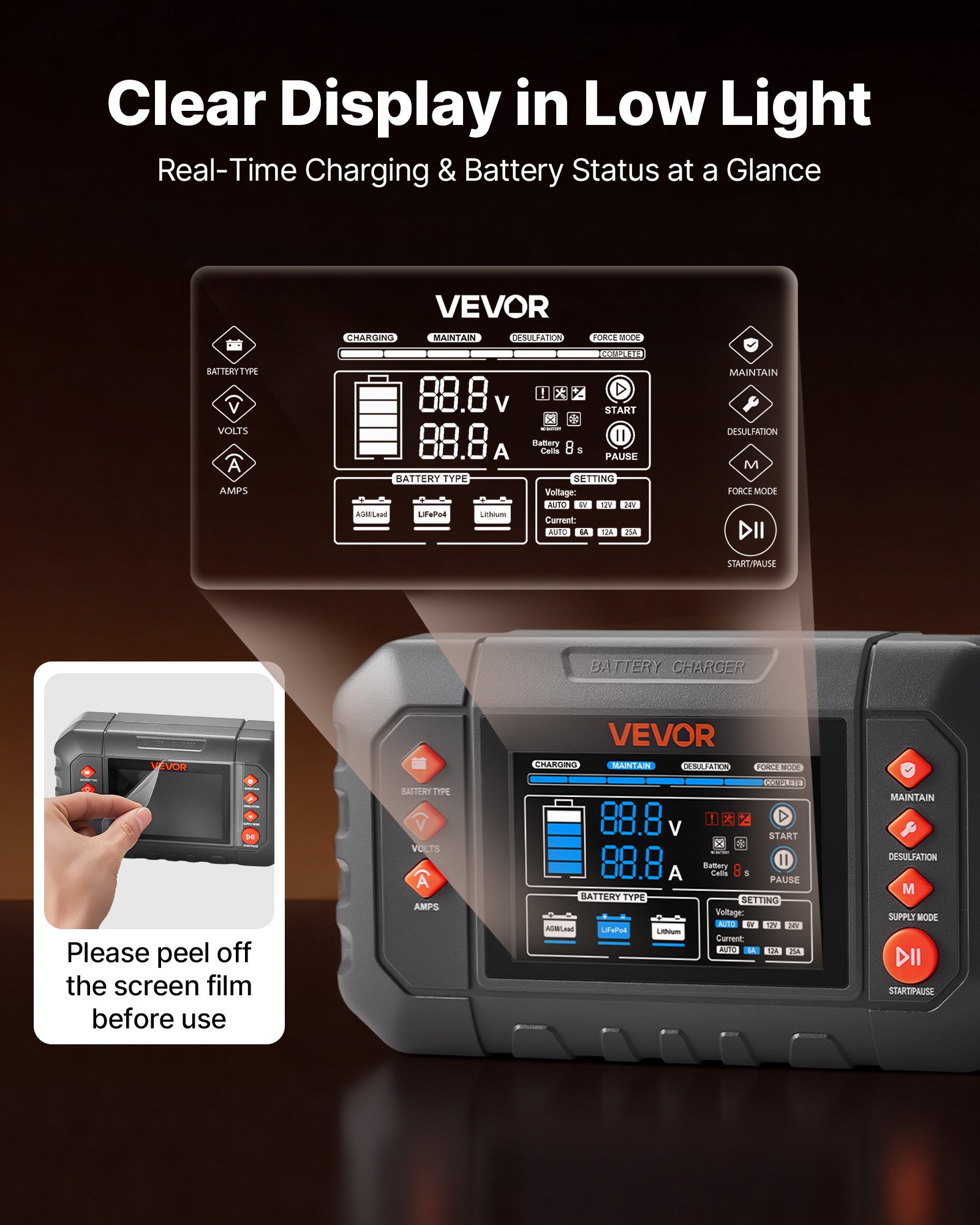 VEVOR Smart Battery Charger, 25A, 6V 12V 24V Ternary Lithium LiFePO4 Lead-Acid (Gel/AGM) Battery Charger, with 3.4-Inch LCD Display, Trickle Charging Maintainer Desulfator, for Car, Boat, Motorcycle