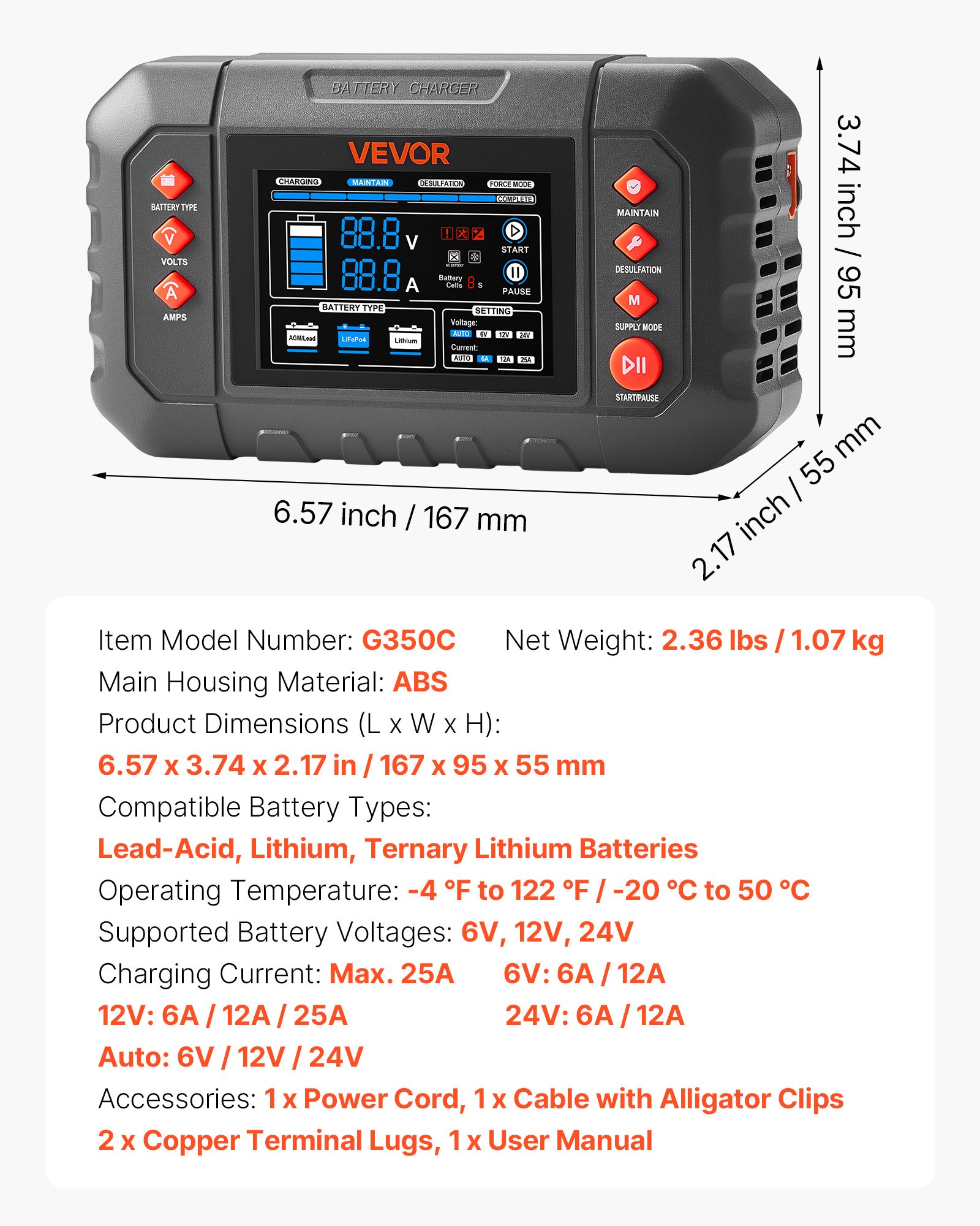 VEVOR Smart Battery Charger, 25A, 6V 12V 24V Ternary Lithium LiFePO4 Lead-Acid (Gel/AGM) Battery Charger, with 3.4-Inch LCD Display, Trickle Charging Maintainer Desulfator, for Car, Boat, Motorcycle