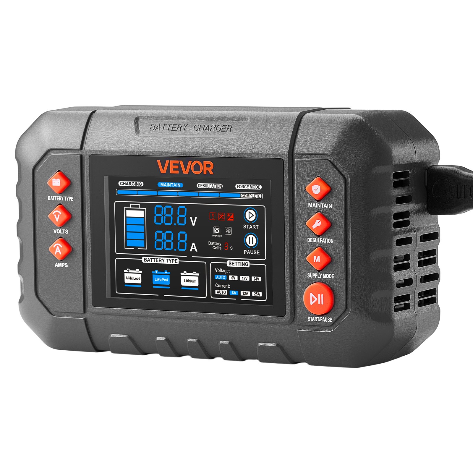 VEVOR Smart Battery Charger, 25A, 6V 12V 24V Ternary Lithium LiFePO4 Lead-Acid (Gel/AGM) Battery Charger, with 3.4-Inch LCD Display, Trickle Charging Maintainer Desulfator, for Car, Boat, Motorcycle