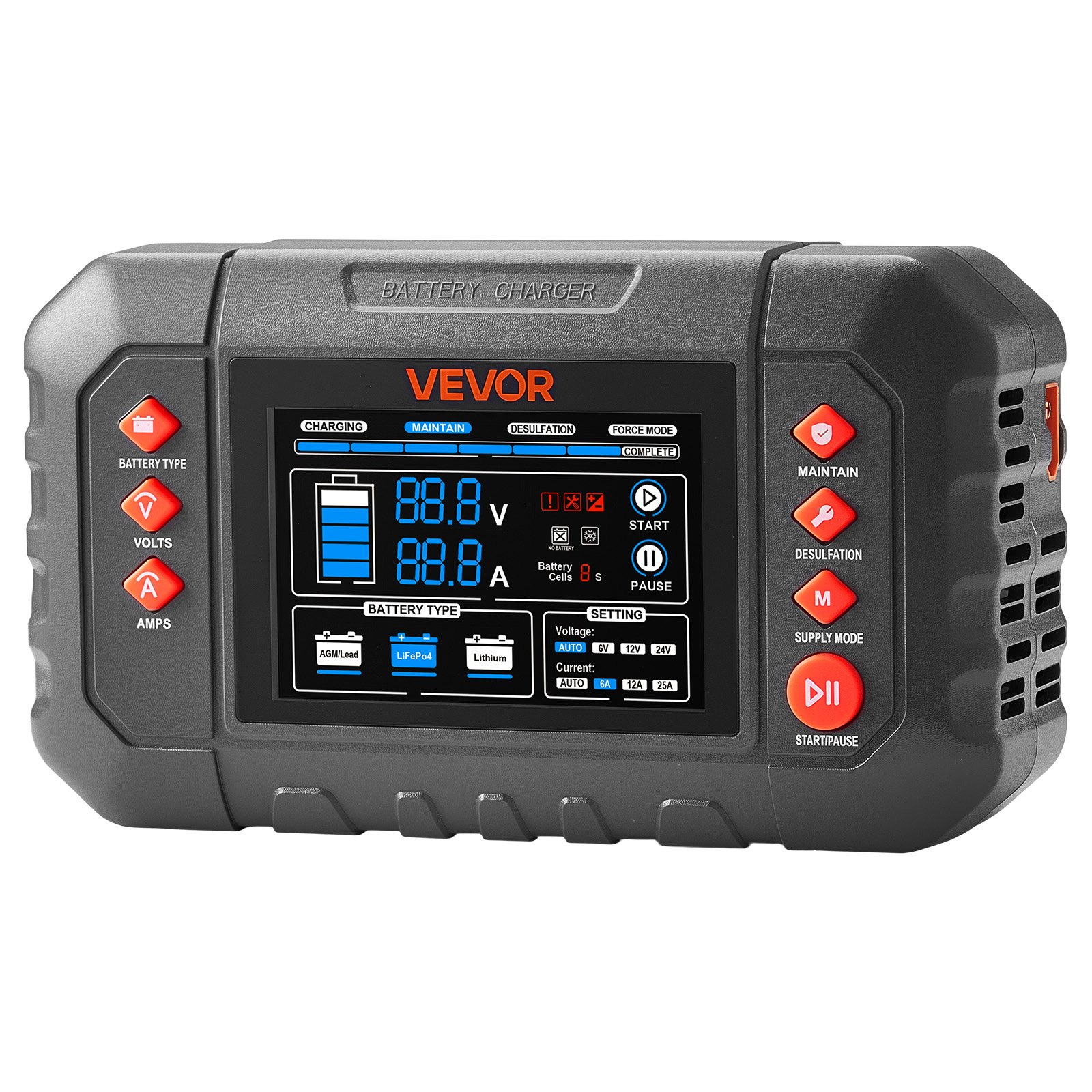 VEVOR Smart Battery Charger, 25A, 6V 12V 24V Ternary Lithium LiFePO4 Lead-Acid (Gel/AGM) Battery Charger, with 3.4-Inch LCD Display, Trickle Charging Maintainer Desulfator, for Car, Boat, Motorcycle