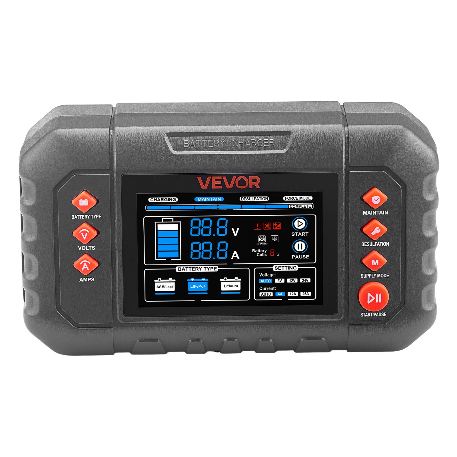 VEVOR Smart Battery Charger, 25A, 6V 12V 24V Ternary Lithium LiFePO4 Lead-Acid (Gel/AGM) Battery Charger, with 3.4-Inch LCD Display, Trickle Charging Maintainer Desulfator, for Car, Boat, Motorcycle