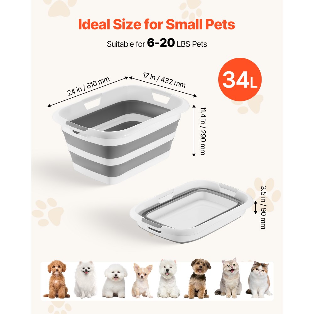 VEVOR Dog Bathtub, Collapsible Dog Bath Tub, Pet Bathing Grooming Wash Shower Station, Portable Space-saving & Stable Support, Built-In Drainage Hole for Small Pet Puppy Doggie Cat Outdoor, Gray White