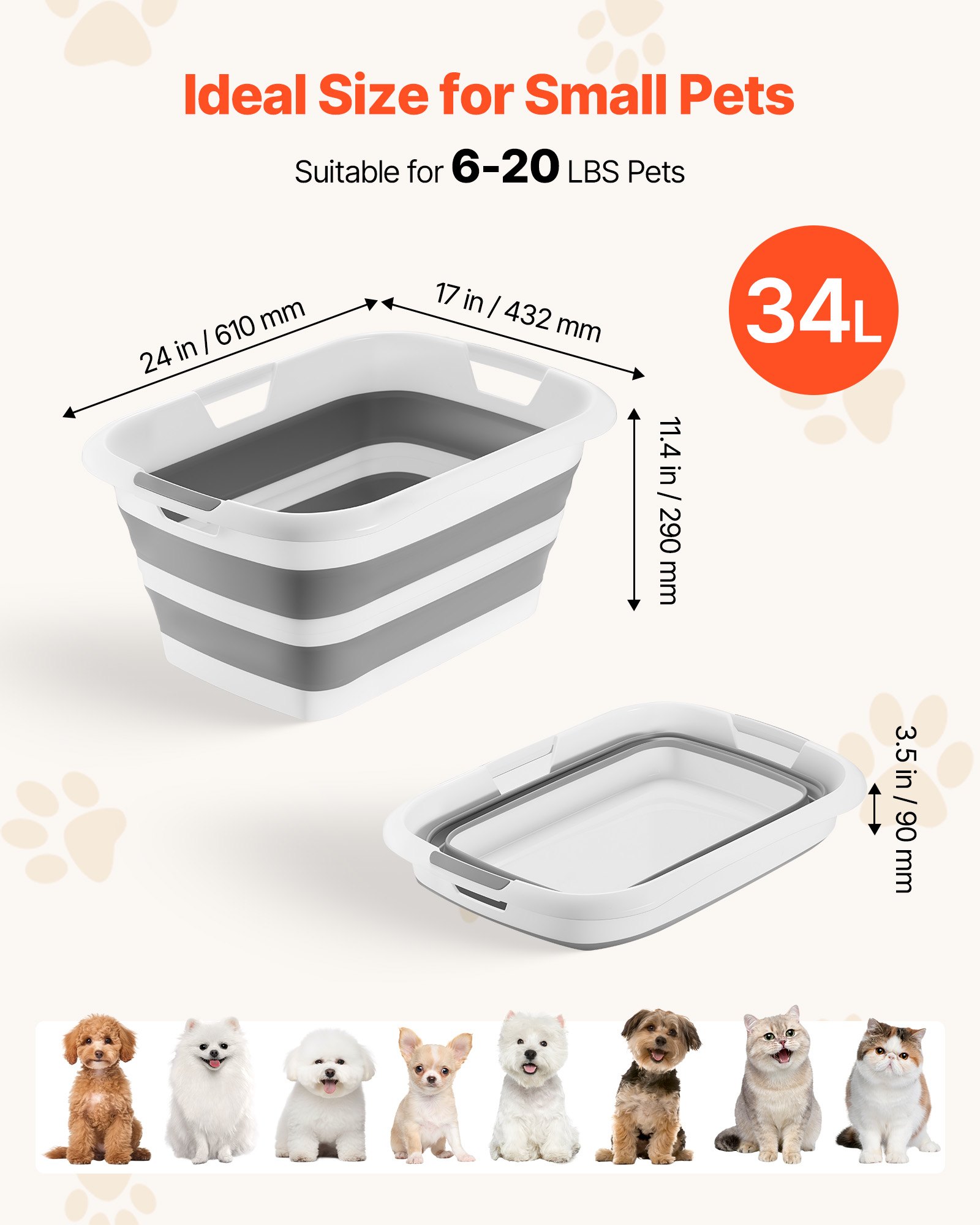 VEVOR Dog Bathtub, Collapsible Dog Bath Tub, Pet Bathing Grooming Wash Shower Station, Portable Space-saving & Stable Support, Built-In Drainage Hole for Small Pet Puppy Doggie Cat Outdoor, Gray White