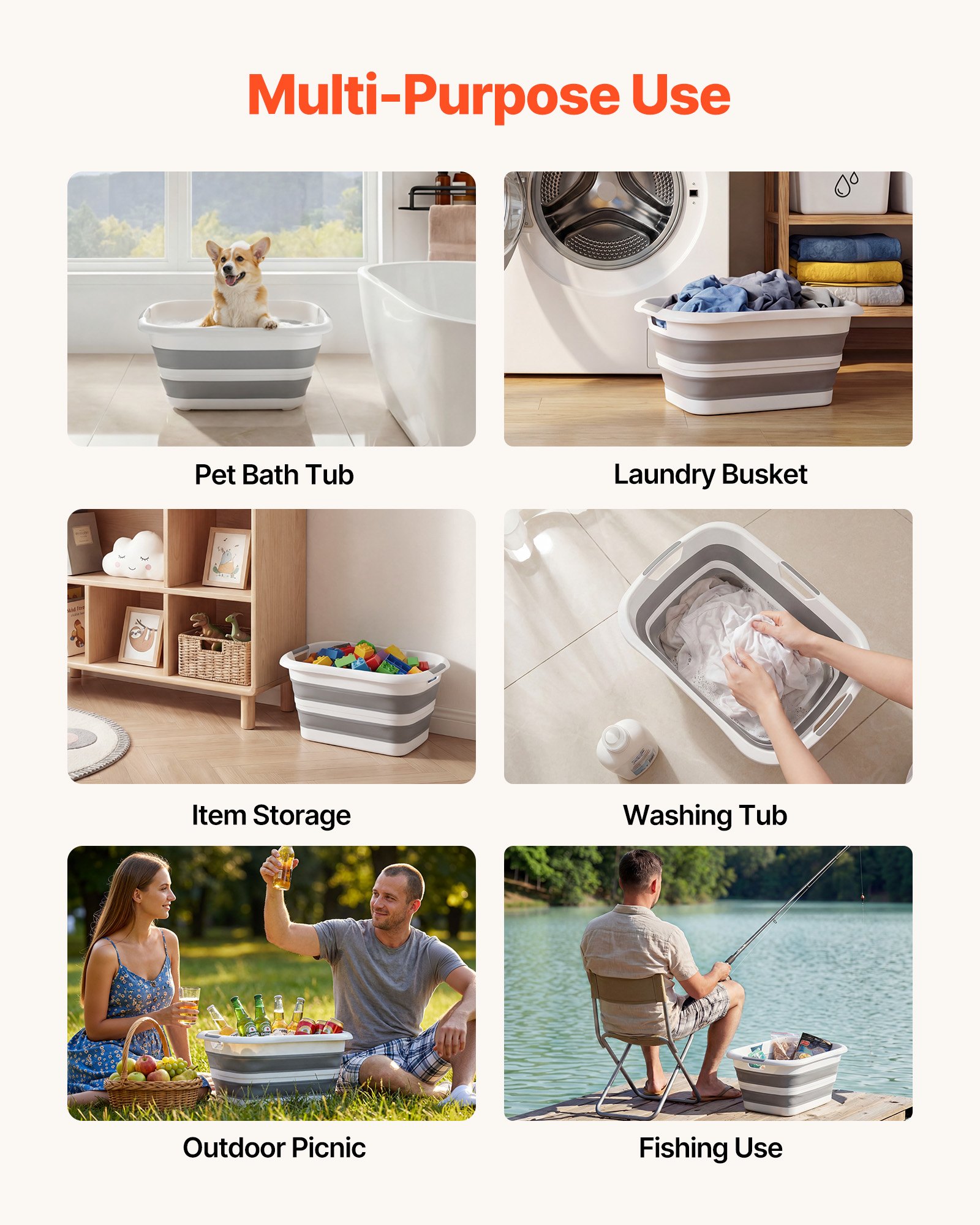 VEVOR Dog Bathtub, Collapsible Dog Bath Tub, Pet Bathing Grooming Wash Shower Station, Portable Space-saving & Stable Support, Built-In Drainage Hole for Small Pet Puppy Doggie Cat Outdoor, Gray White