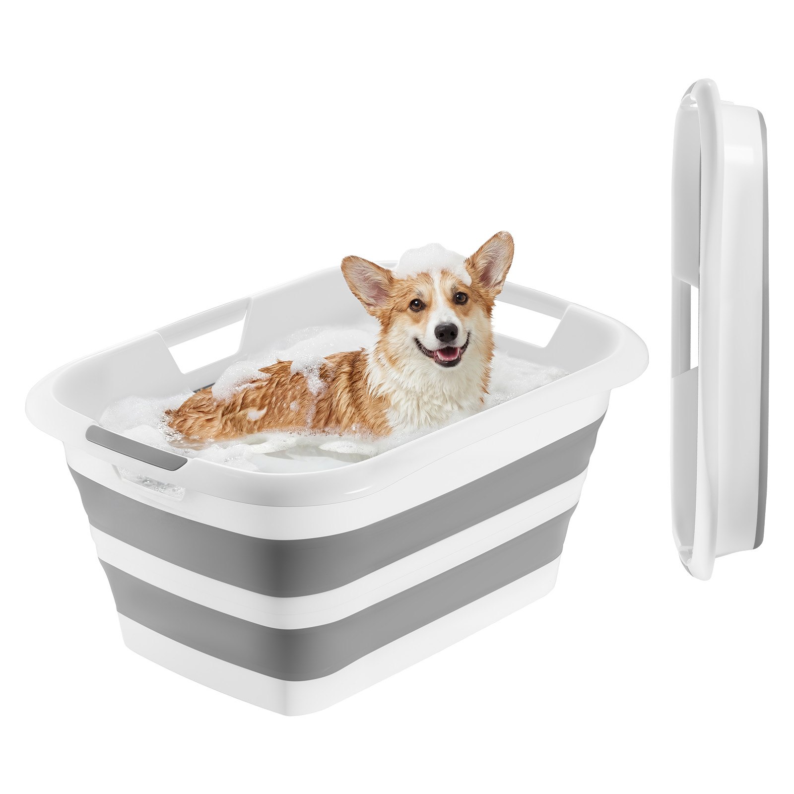 VEVOR Dog Bathtub, Collapsible Dog Bath Tub, Pet Bathing Grooming Wash Shower Station, Portable Space-saving & Stable Support, Built-In Drainage Hole for Small Pet Puppy Doggie Cat Outdoor, Gray White