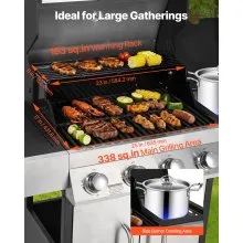 VEVOR Gas Grill, 4 Burner Propane Gas Grill with Side Burner, 425 SQ.In Grilling Area, Carbon Steel Enamel Grates, Outdoor 52,000 BTU Patio Garden BBQ Grills with Two Side Shelves, Stainless Steel