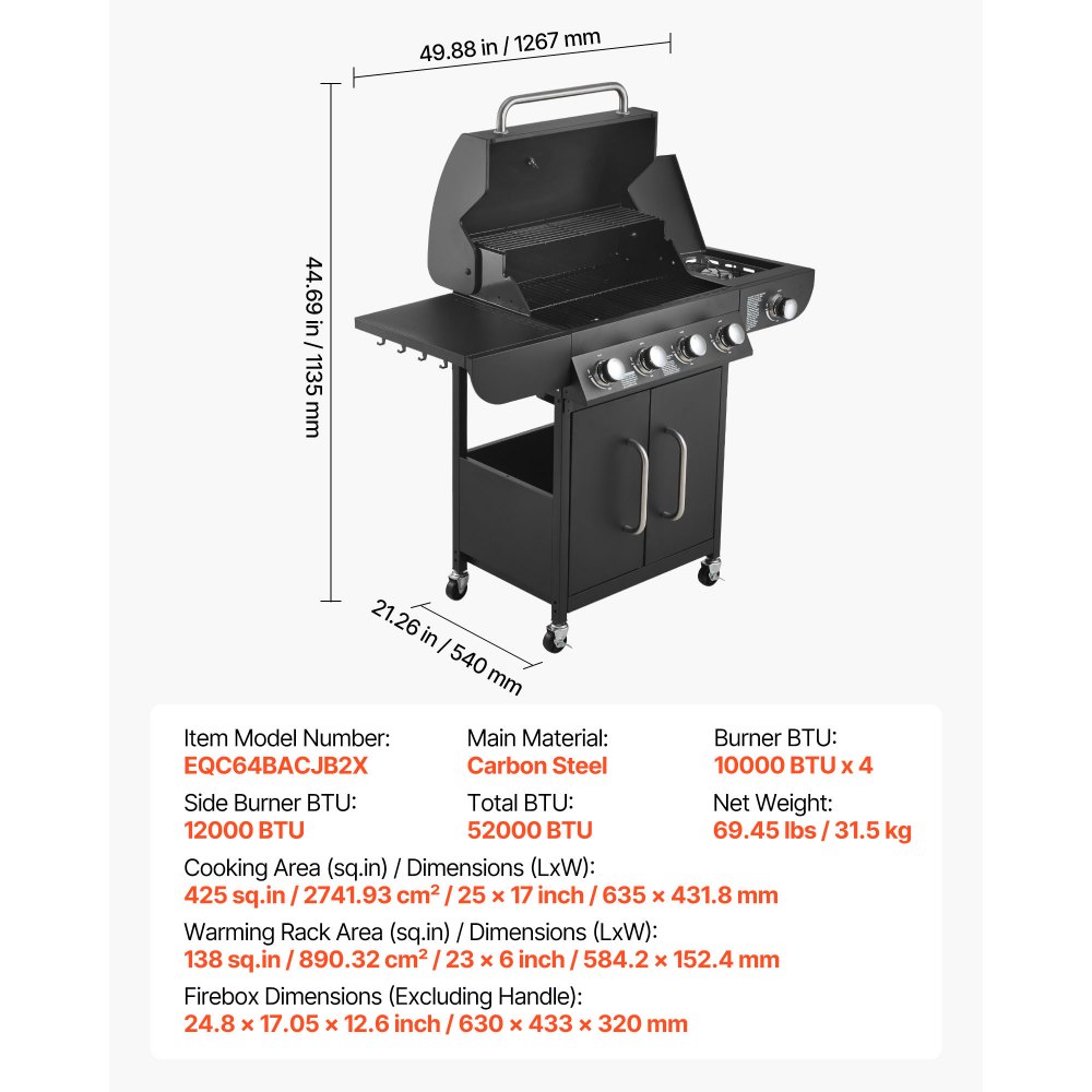 VEVOR Gas Grill, 4 Burner Propane Gas Grill with Side Burner, 425 SQ.In Grilling Area, Carbon Steel Enamel Grates, Outdoor 52,000 BTU Patio Garden BBQ Grills with Two Side Shelves, Carbon Steel
