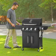 VEVOR Gas Grill, 4 Burner Propane Gas Grill with Side Burner, 425 SQ.In Grilling Area, Carbon Steel Enamel Grates, Outdoor 52,000 BTU Patio Garden BBQ Grills with Two Side Shelves, Carbon Steel