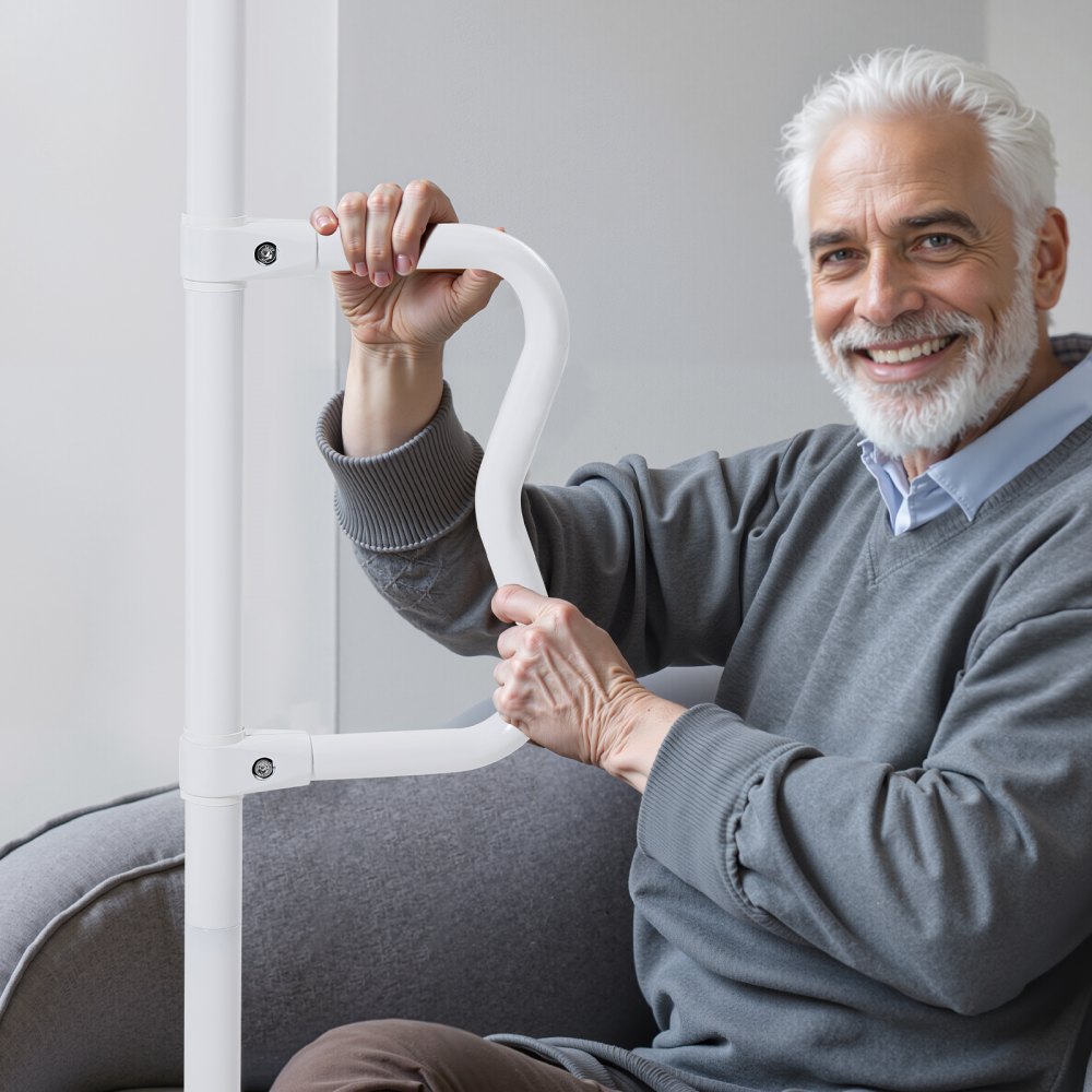 VEVOR Floor-to-Ceiling Transfer Pole, Tension Mounted Bathroom Grab Bar with Anti-Slip Curve Handle, 136 kg Capacity Security Pole for Elderly, Ideal Senior Safety Pole for 2.14-3.05 m Ceilings, White