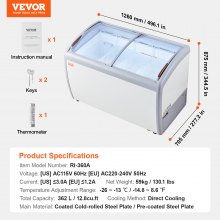 VEVOR Commercial Ice Cream Display Case, 12.8 Cu.ft Chest Freezer, Mobile Glass Top Deep Freezer, Restaurant Gelato Dipping Cabinet with 4 Wire Baskets, 2 Sliding Glass Doosr, Locking Casters, White