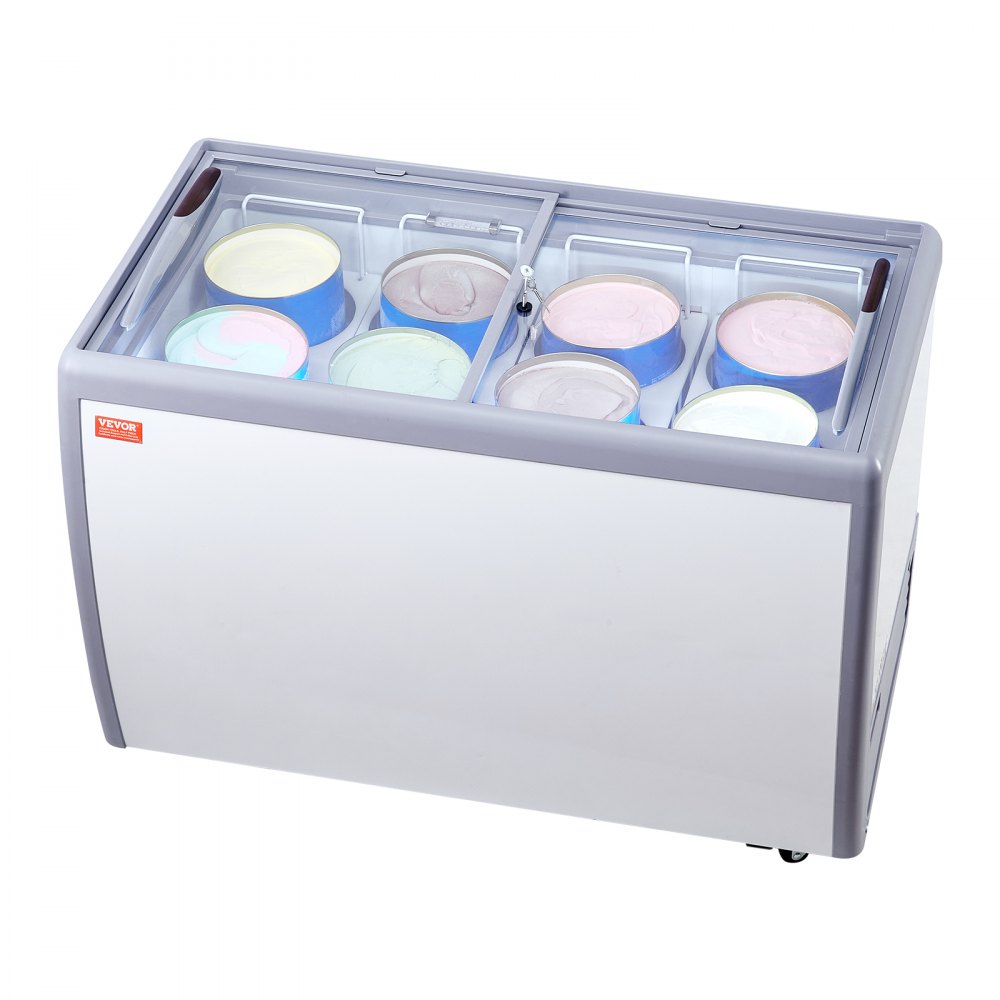 VEVOR ice cream display case with various ice cream flavors in tubs, showcasing a sleek gray design.