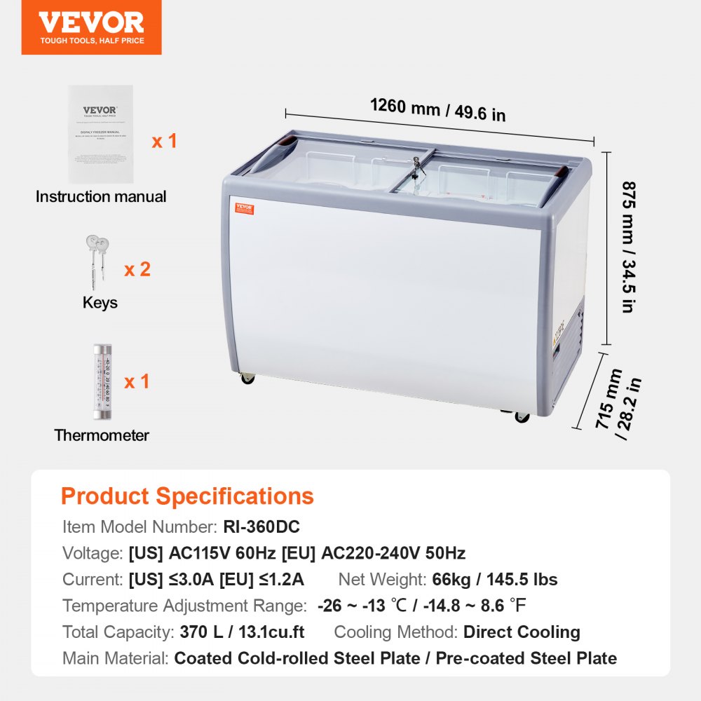 VEVOR Commercial Ice Cream Display Case, 370 L Chest Freezer, Mobile Glass Top Deep Freezer, Restaurant Gelato Dipping Cabinet with 8 Large Tubs, 2 Sliding Glass Doors, Locking Casters, White