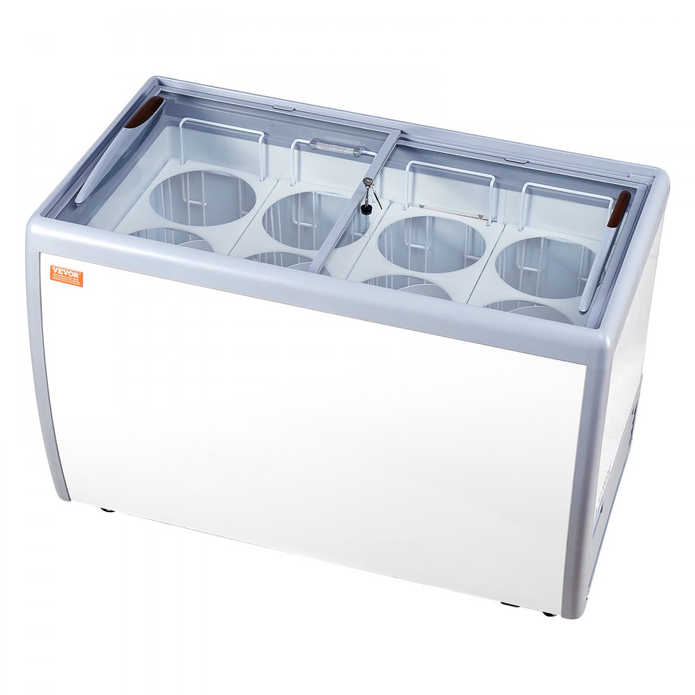 VEVOR Commercial Ice Cream Display Case, 370 L Chest Freezer, Mobile Glass Top Deep Freezer, Restaurant Gelato Dipping Cabinet with 8 Large Tubs, 2 Sliding Glass Doors, Locking Casters, White