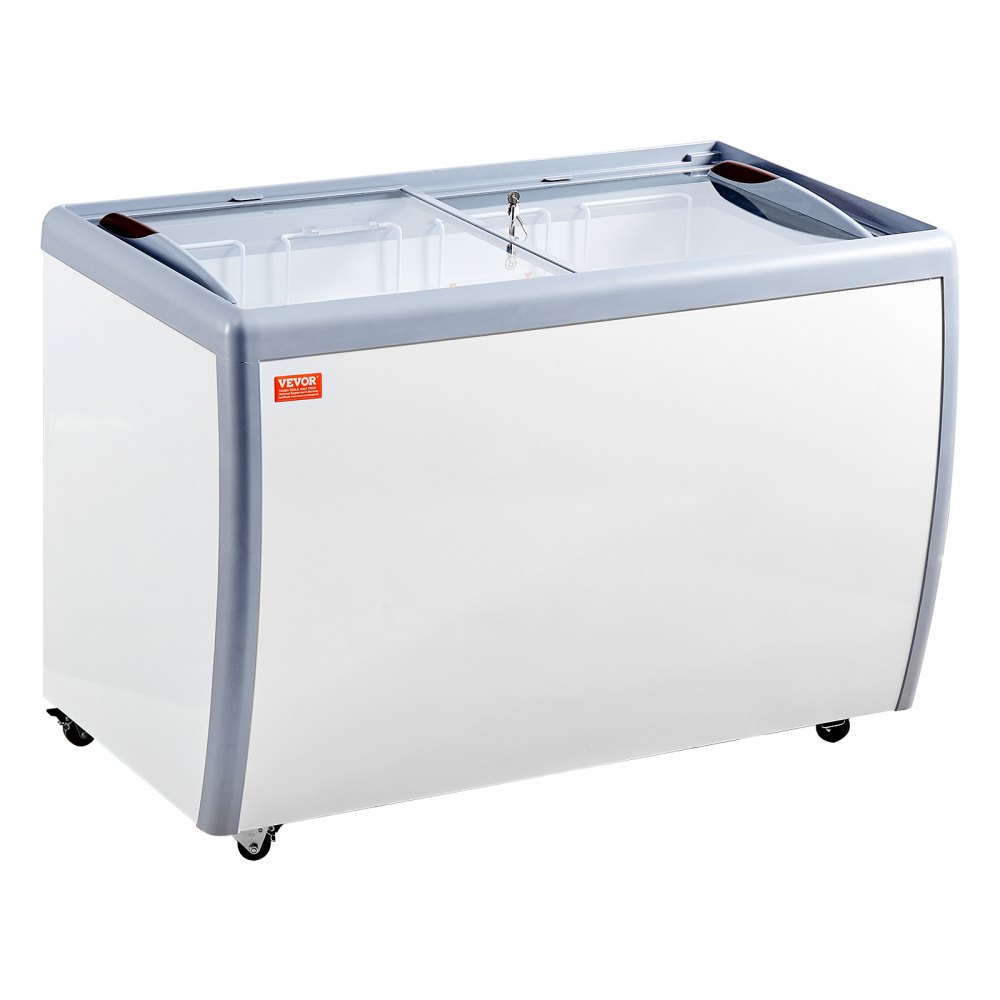 VEVOR Commercial Ice Cream Display Case, 370 L Chest Freezer, Mobile Glass Top Deep Freezer, Restaurant Gelato Dipping Cabinet with 8 Large Tubs, 2 Sliding Glass Doors, Locking Casters, White