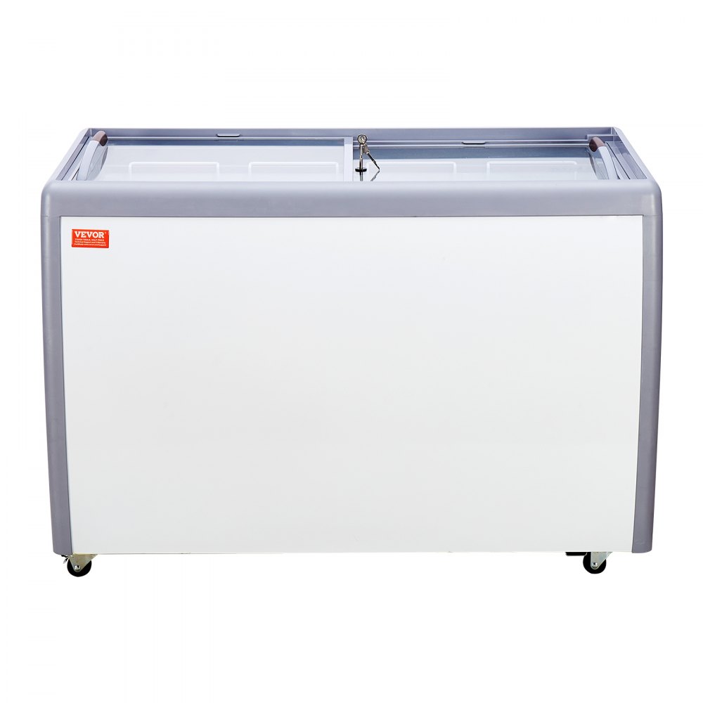 VEVOR Commercial Ice Cream Display Case, 370 L Chest Freezer, Mobile Glass Top Deep Freezer, Restaurant Gelato Dipping Cabinet with 8 Large Tubs, 2 Sliding Glass Doors, Locking Casters, White