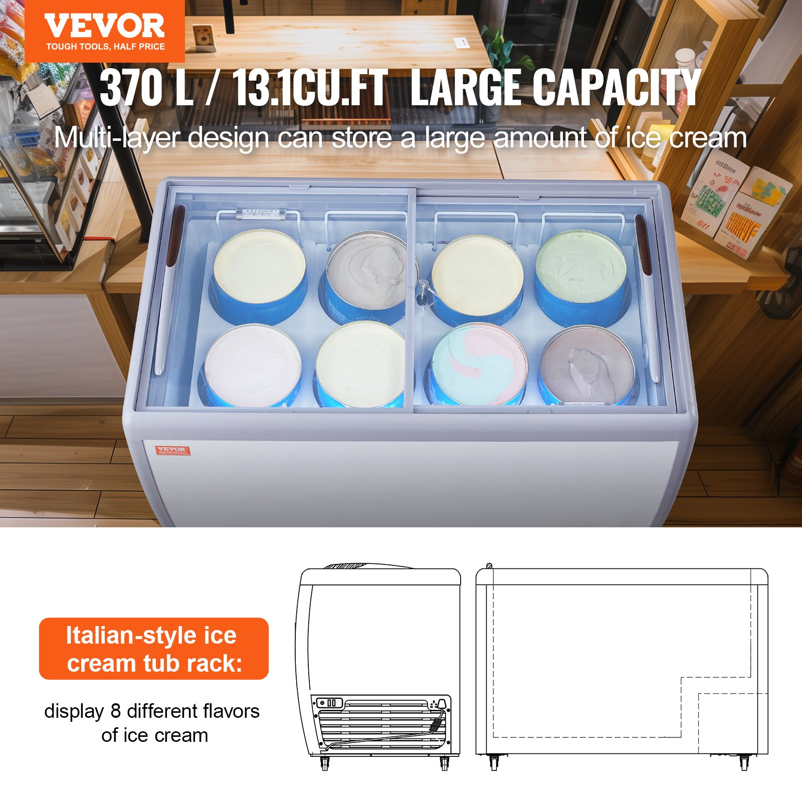 VEVOR Commercial Ice Cream Display Case, 370 L Chest Freezer, Mobile Glass Top Deep Freezer, Restaurant Gelato Dipping Cabinet with 8 Large Tubs, 2 Sliding Glass Doors, Locking Casters, White