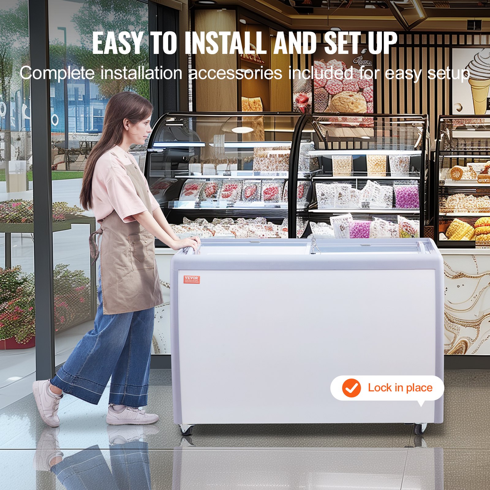 VEVOR Commercial Ice Cream Display Case, 370 L Chest Freezer, Mobile Glass Top Deep Freezer, Restaurant Gelato Dipping Cabinet with 8 Large Tubs, 2 Sliding Glass Doors, Locking Casters, White