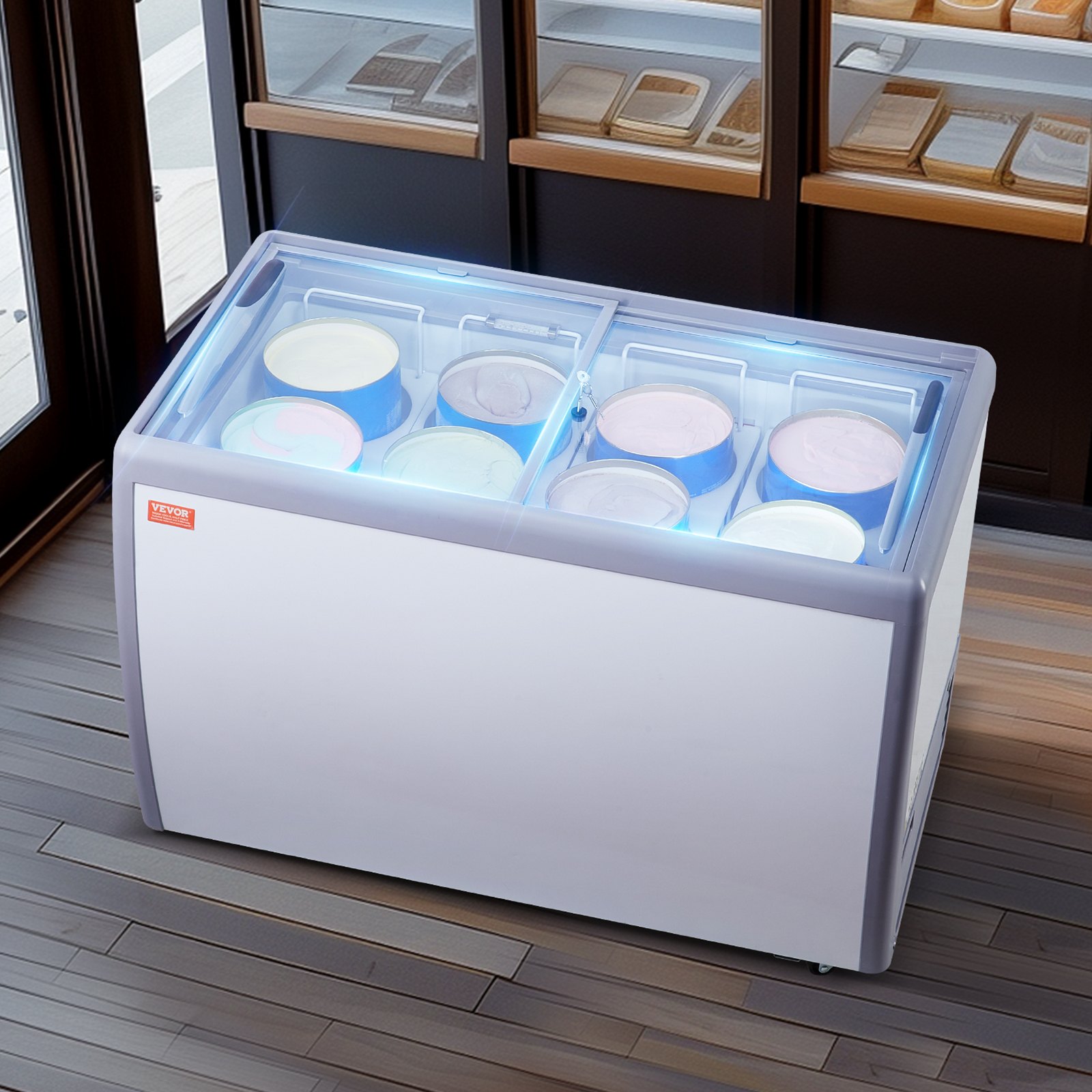 VEVOR Commercial Ice Cream Display Case, 370 L Chest Freezer, Mobile Glass Top Deep Freezer, Restaurant Gelato Dipping Cabinet with 8 Large Tubs, 2 Sliding Glass Doors, Locking Casters, White