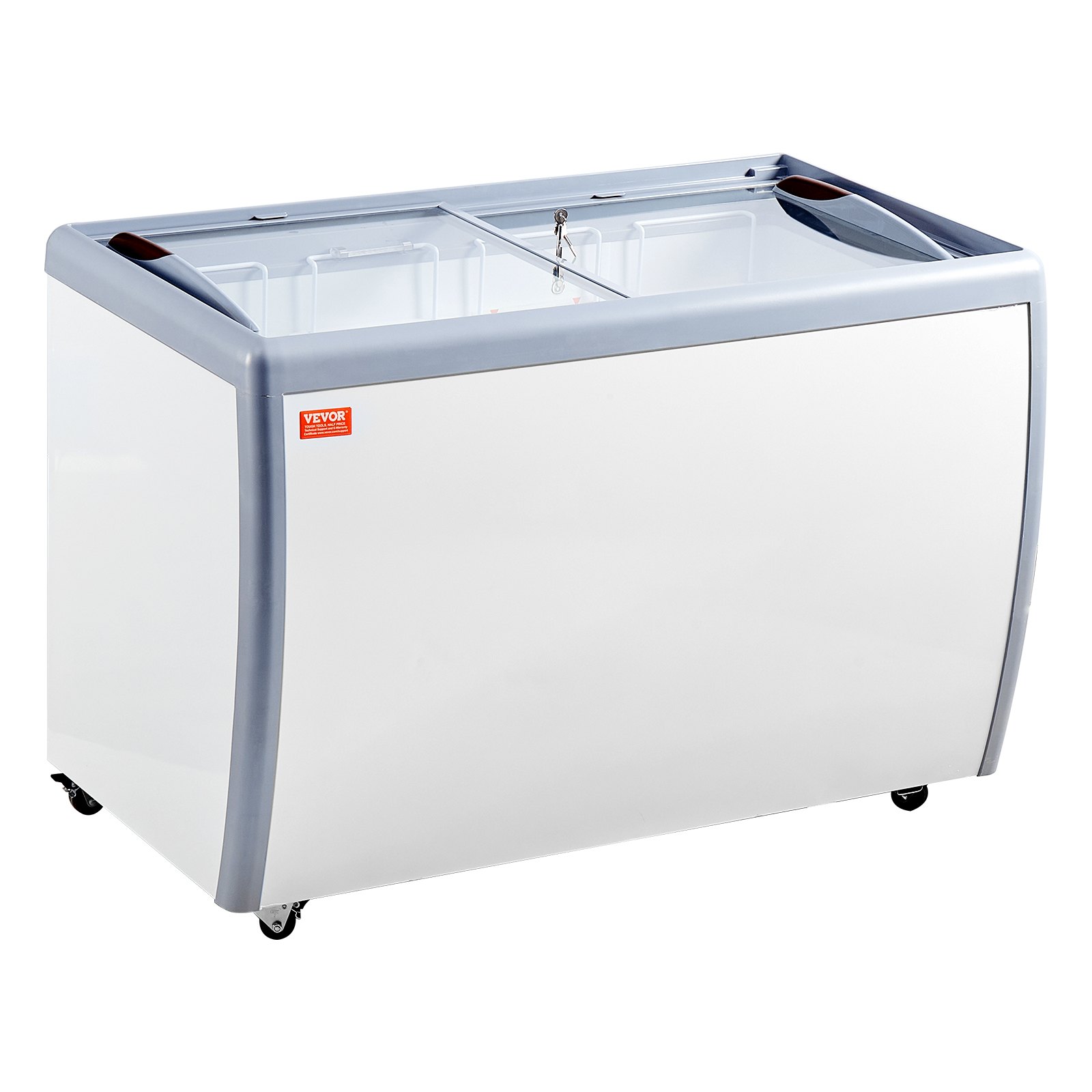VEVOR Commercial Ice Cream Display Case, 370 L Chest Freezer, Mobile Glass Top Deep Freezer, Restaurant Gelato Dipping Cabinet with 8 Large Tubs, 2 Sliding Glass Doors, Locking Casters, White