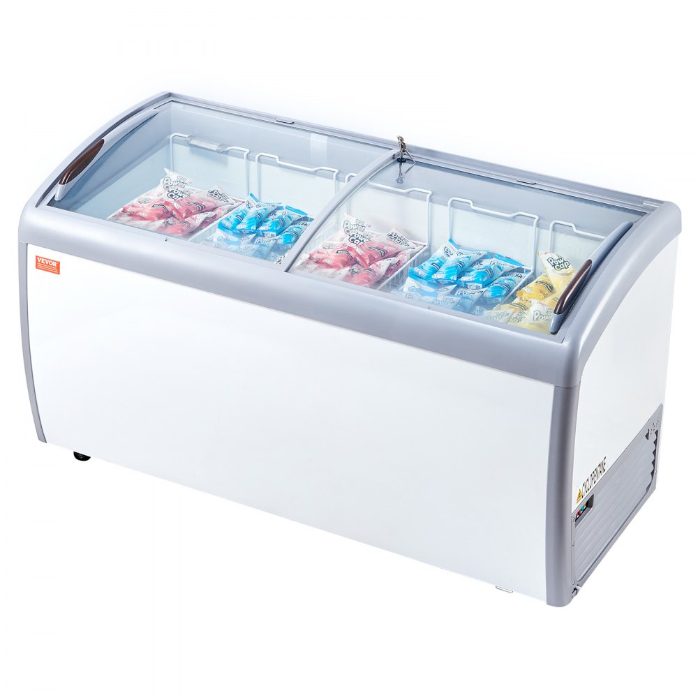 VEVOR ice cream display freezer with glass top, showcasing assorted ice creams in blue, red, and yellow packaging.