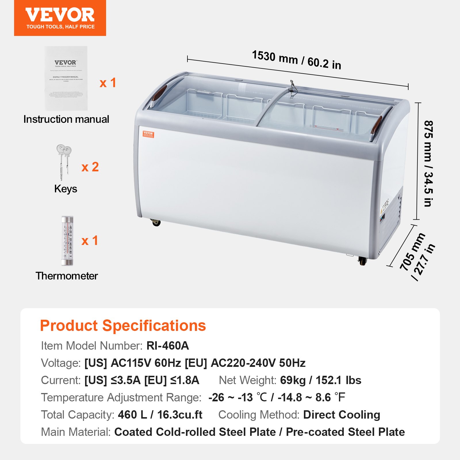 VEVOR Commercial Ice Cream Display Case, 460 L Chest Freezer, Mobile Glass Top Deep Freezer, Restaurant Gelato Dipping Cabinet with 5 Wire Baskets, 2 Sliding Glass Doosr, Locking Casters, White