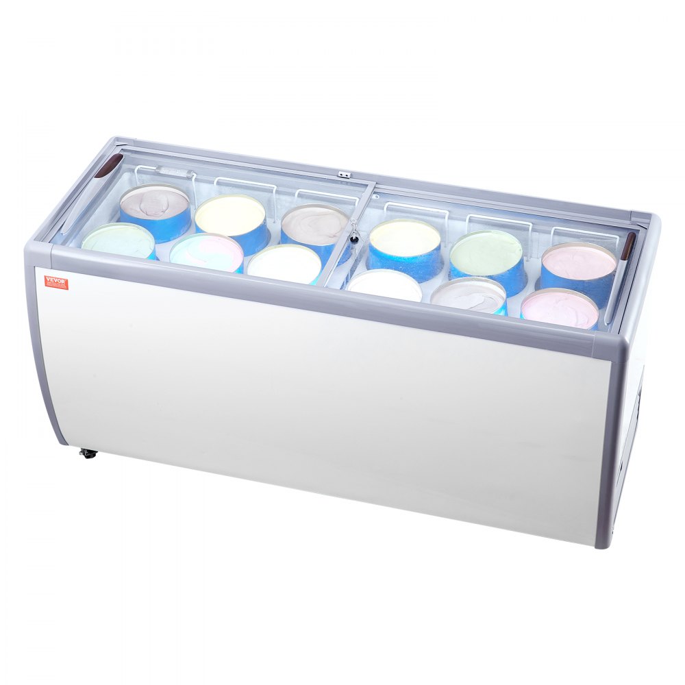 VEVOR Commercial Ice Cream Display Case, 20 Cu.ft Chest Freezer, Mobile Glass Top Deep Freezer, Restaurant Gelato Dipping Cabinet with 12 Large Tubs, 2 Sliding Glass Doors, Locking Casters, White