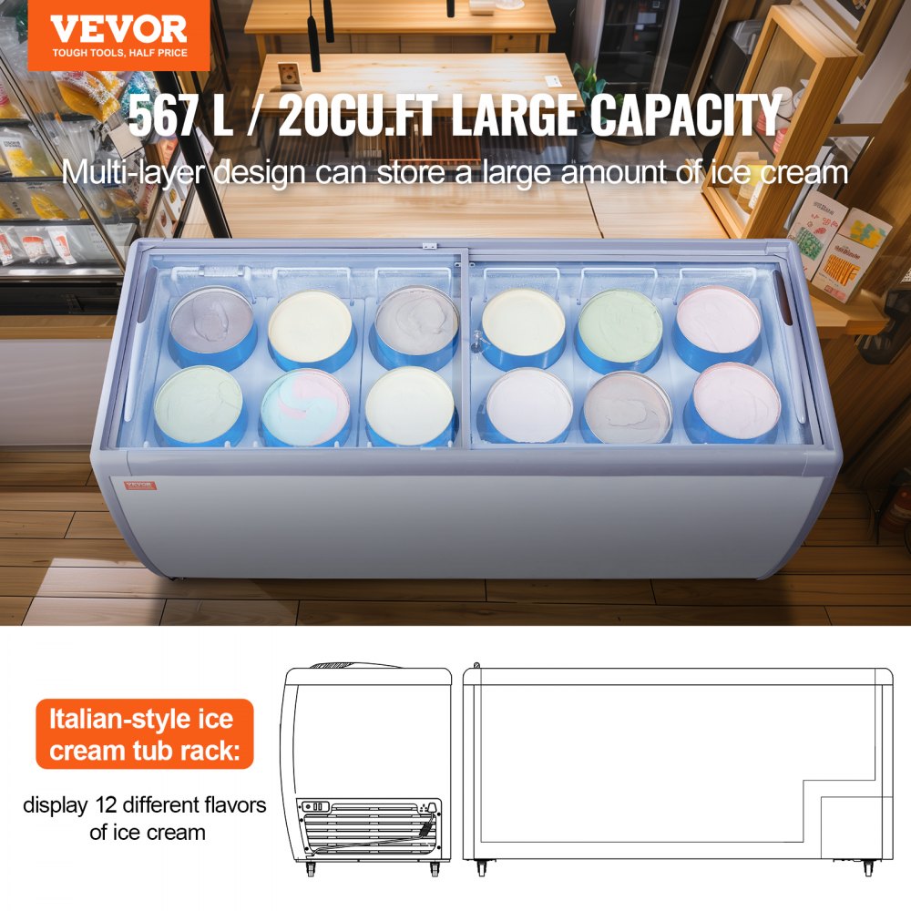 VEVOR Commercial Ice Cream Display Case, 567 L Chest Freezer, Mobile Glass Top Deep Freezer, Restaurant Gelato Dipping Cabinet with 12 Large Tubs, 2 Sliding Glass Doors, Locking Casters, White